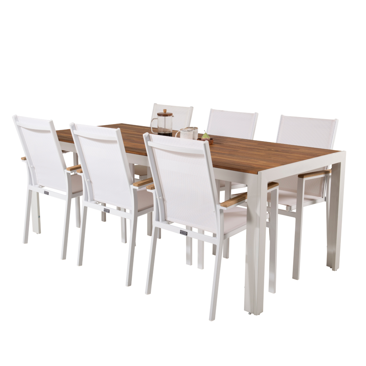 Bois Bord200*100cm-vit/Acacia+Texas stol-vit/Teak6 Akacia/Vit