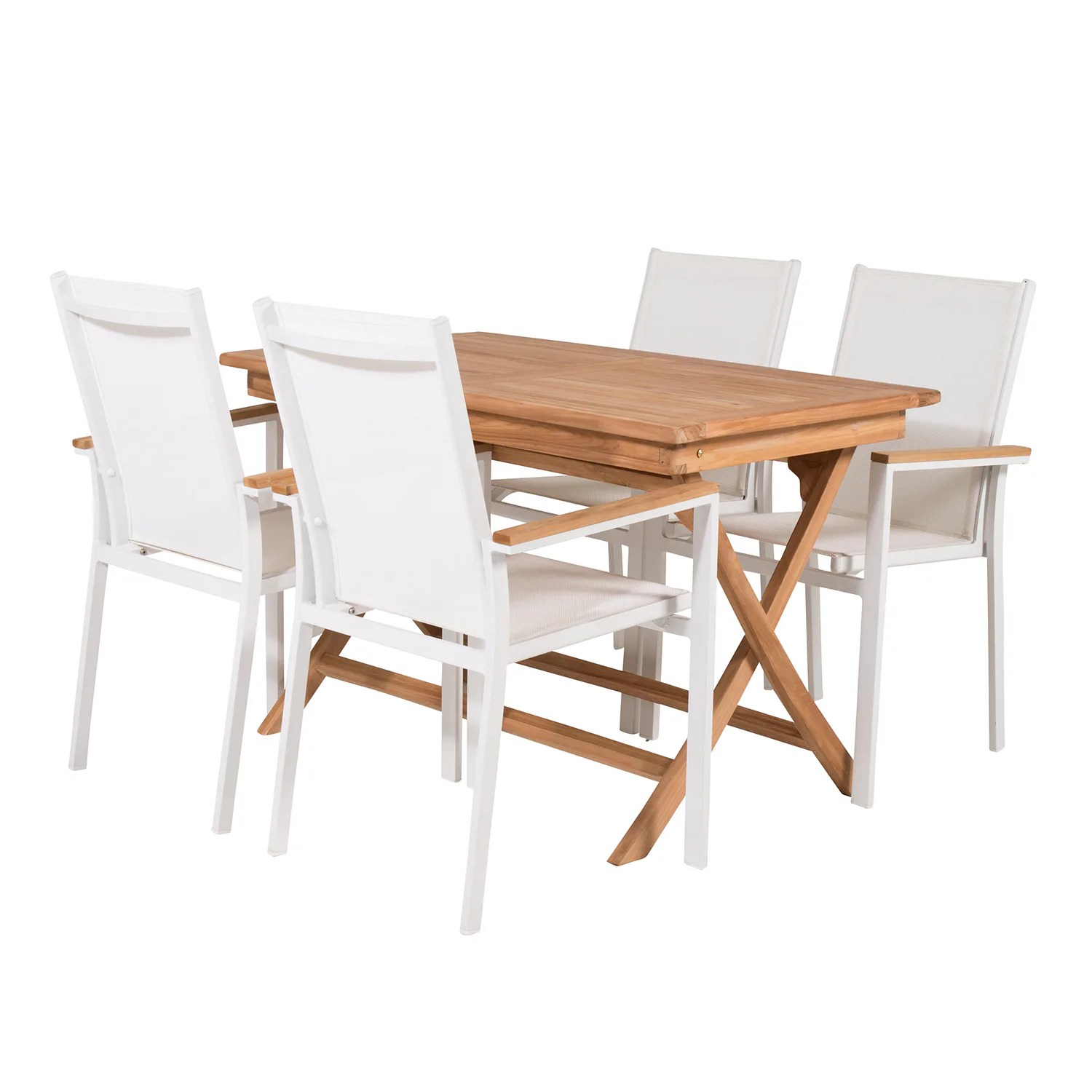 Matgrupp Venture Home Kenya 120x70 Teak med 4 Texas Stapelstolar Natur/Vit