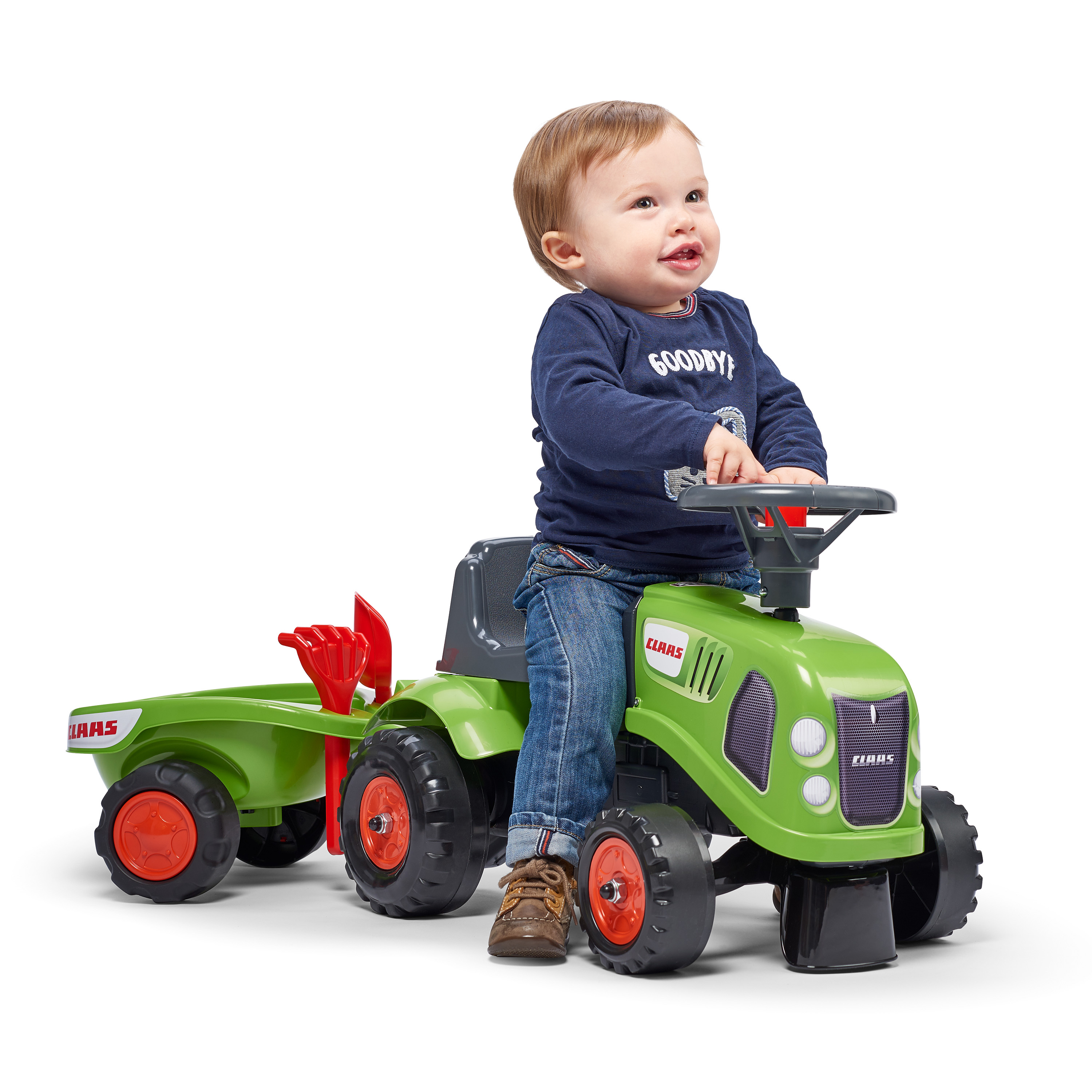 Sparkbil FALK Traktor med trailer, kratta och skyffel Baby Claas