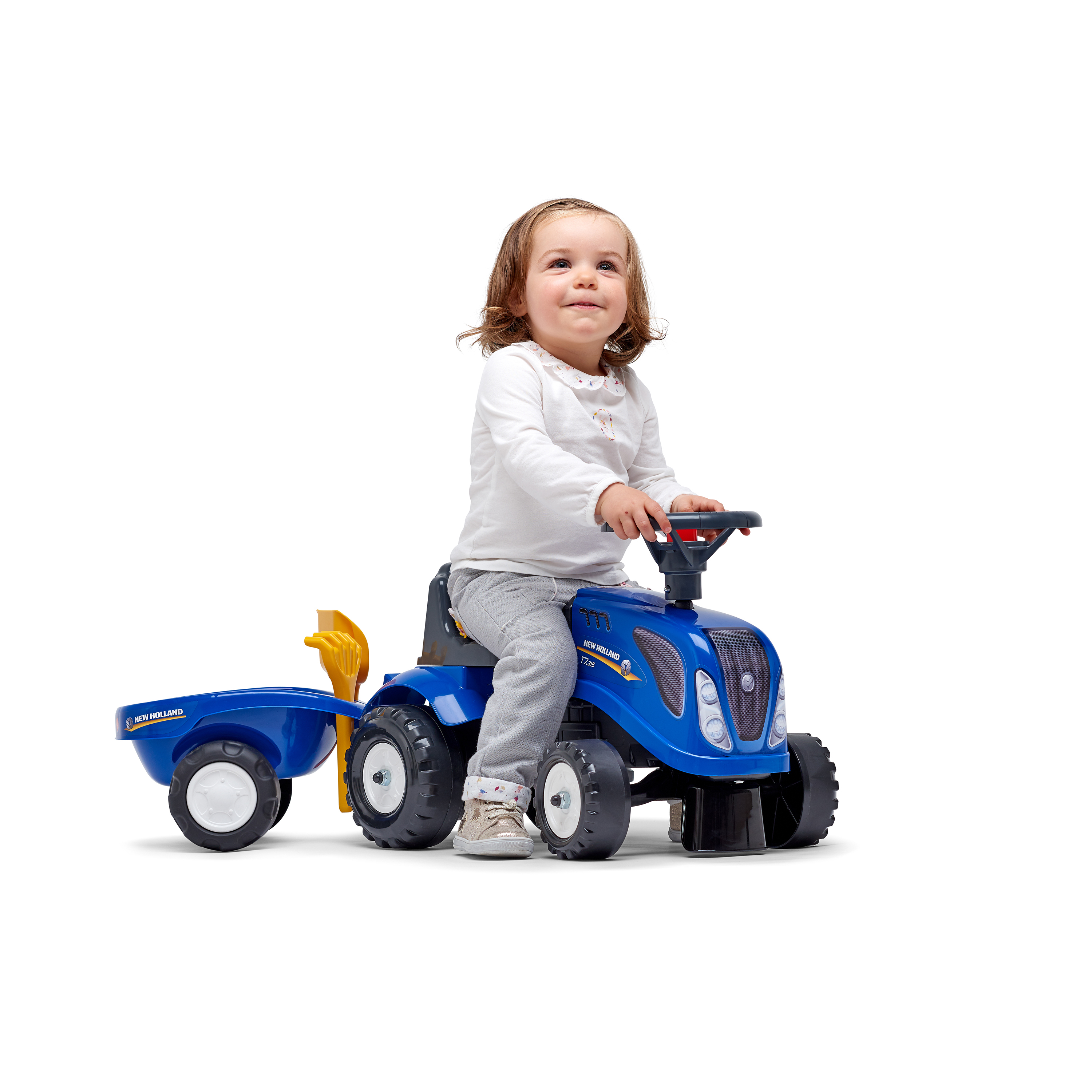 Sparkbil FALK Traktor med trailer, kratta och skyffel Baby New Holland
