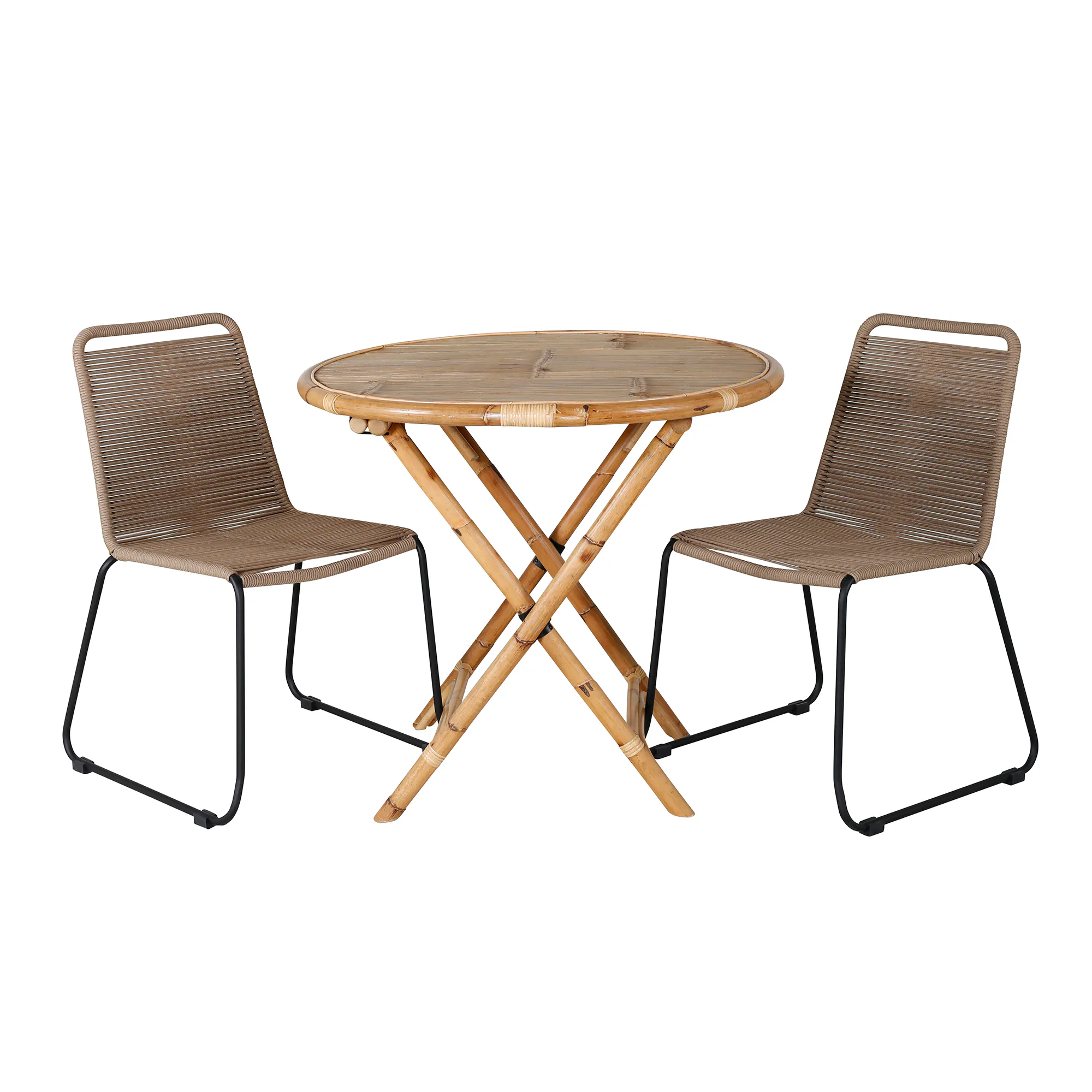 Cane Café table ø90cm - Bamboo+Lindos Stacking Chair - Black Latte