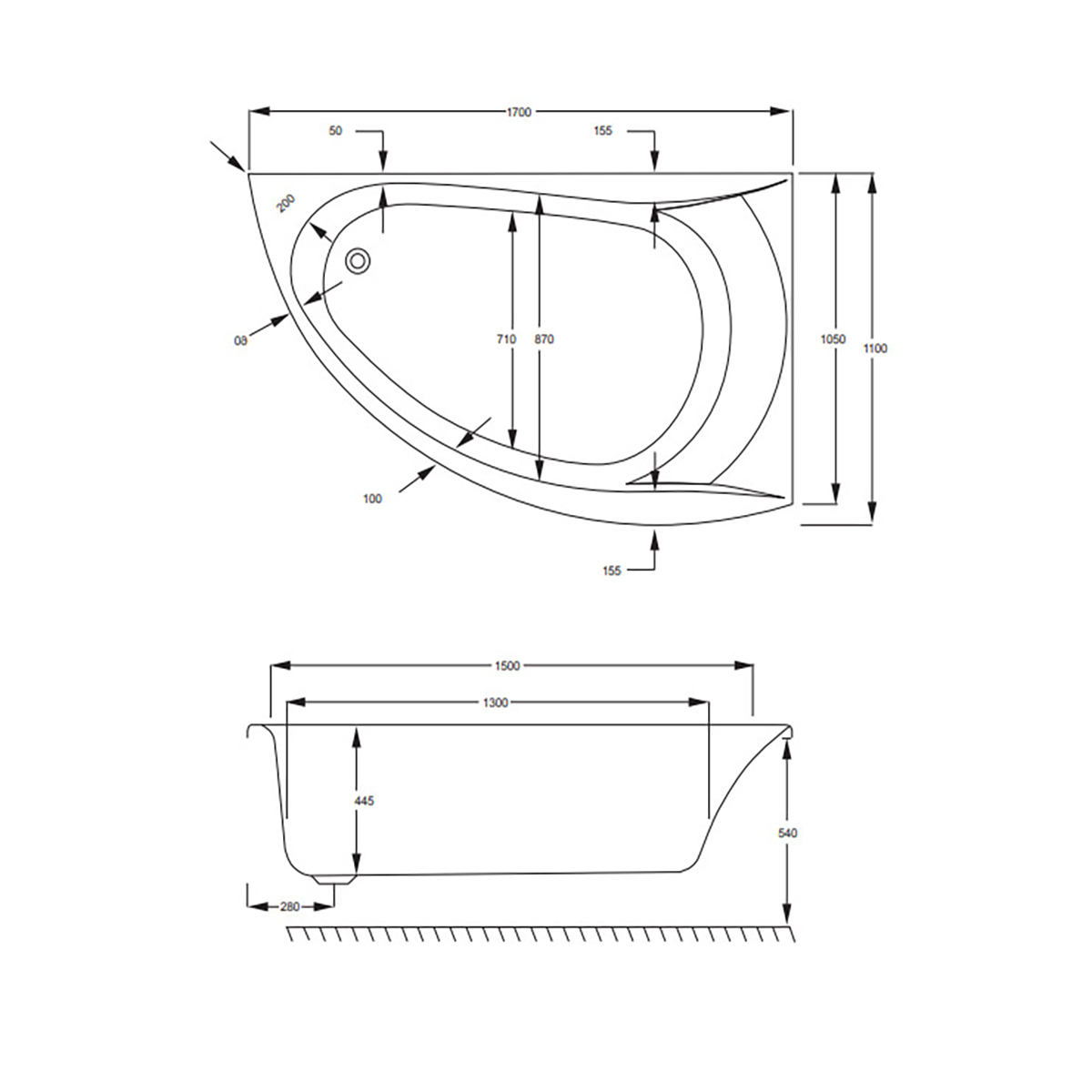 Omega hörnkar 1700x1050mm akryl Höger, Standard