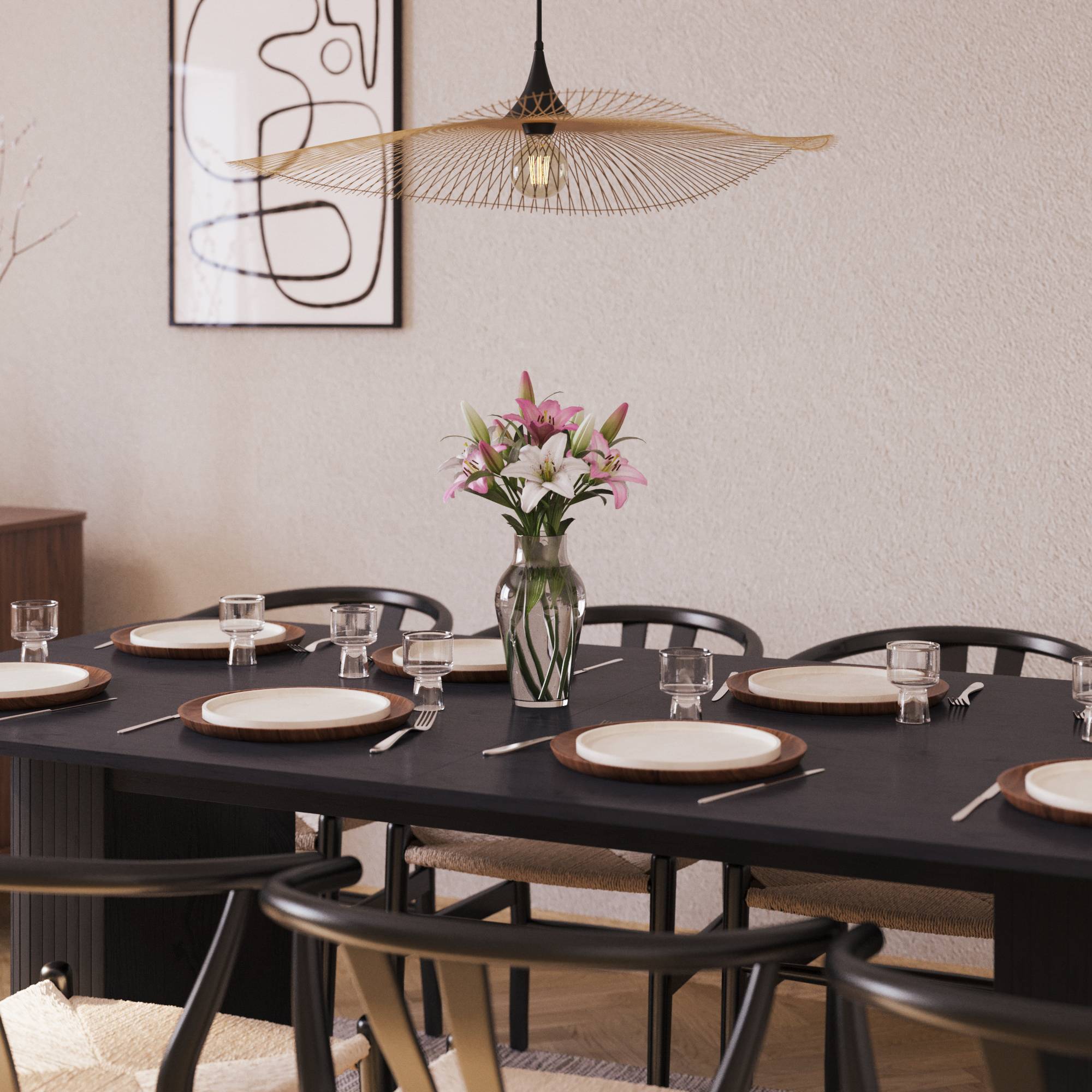 Matgrupp Bark Kopparbo Rektangulärt Matbord 200-260 cm Förlängningsbartt med 8 Dastoori Matstol