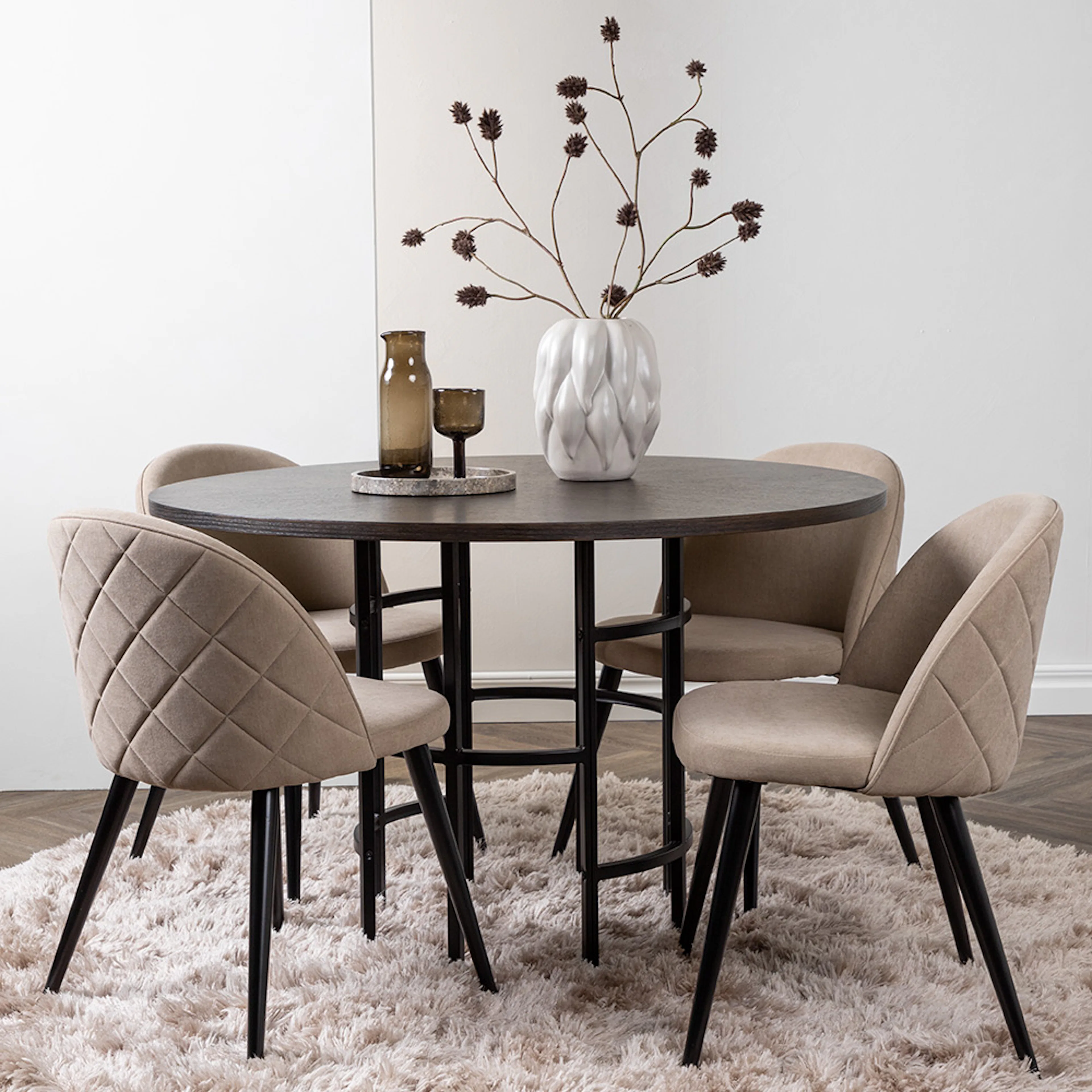 Copenhagen Dining Table - Black / Mocca Veneer +Velvet Stitc Beige/Ek