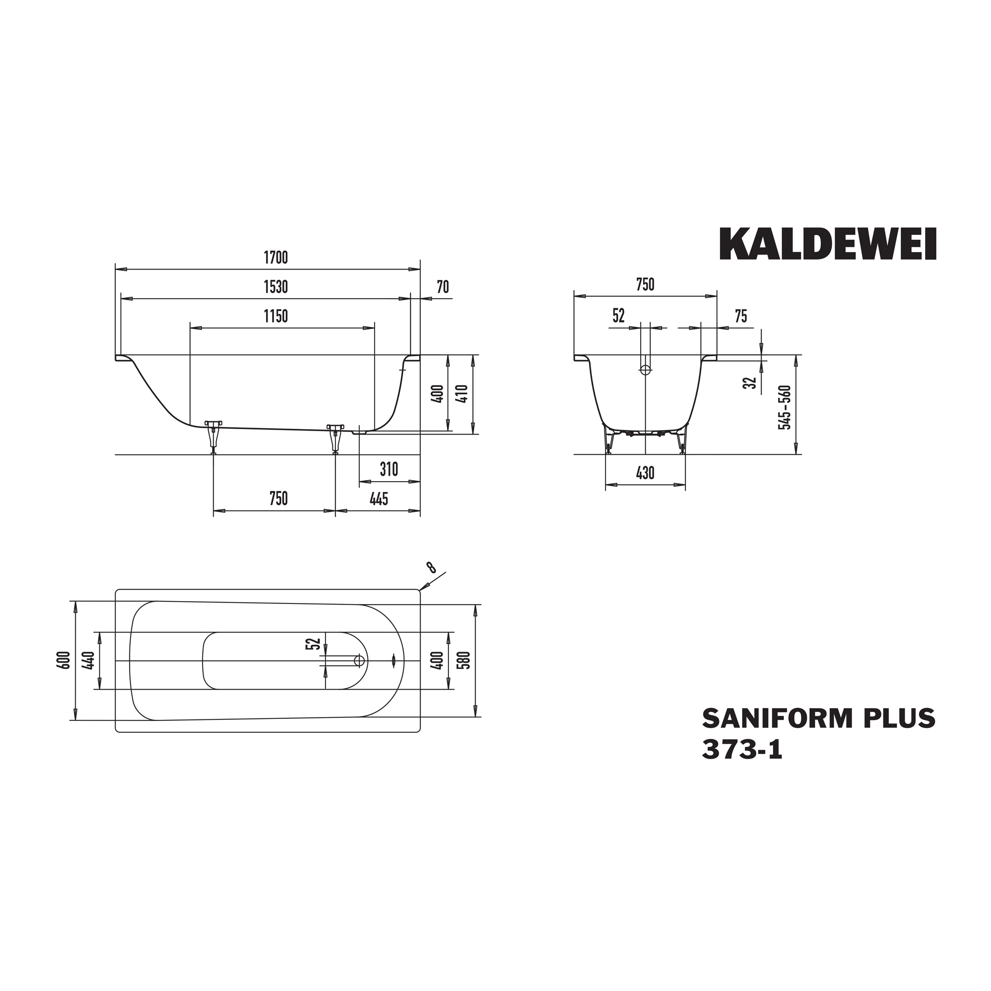 Inbyggnadsbadkar Kaldewei Saniform Plus BxLxD: 750x1700x560 mm