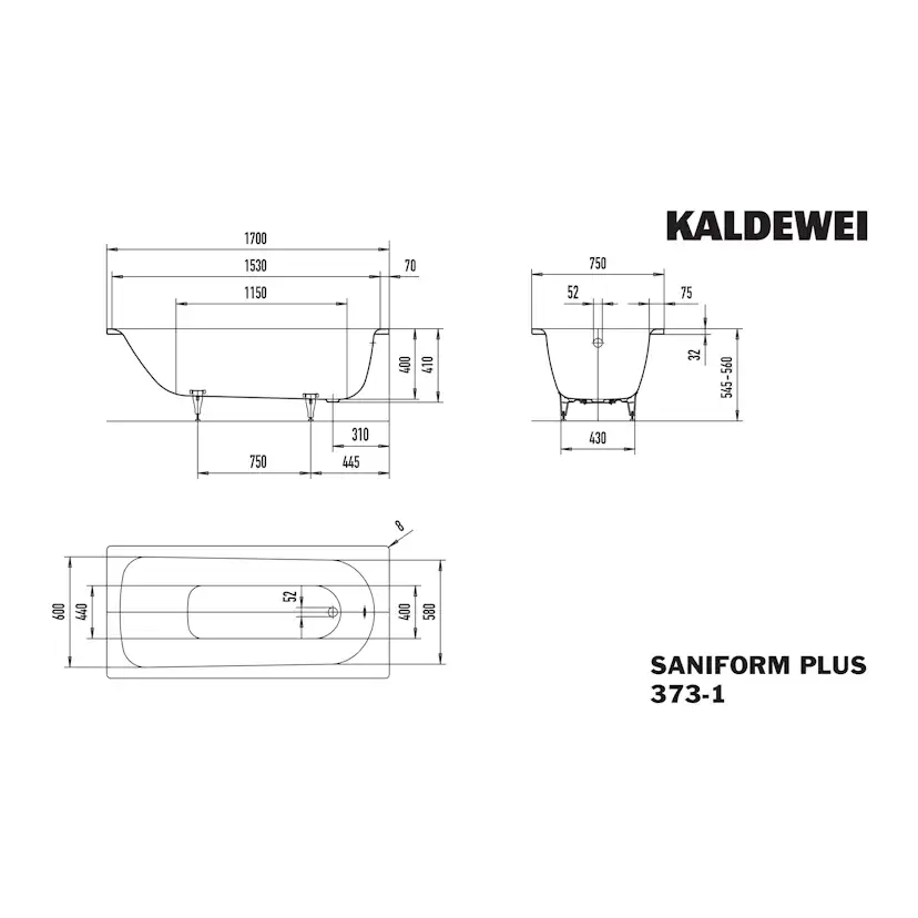 Inbyggnadsbadkar Kaldewei Saniform Plus BxLxD: 750x1700x560 mm