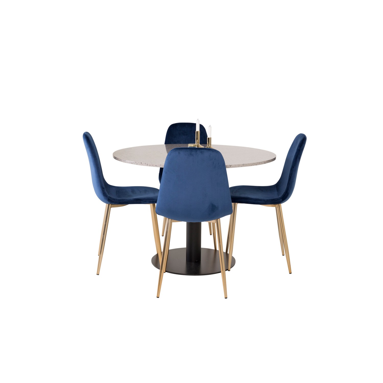 RazziaBord106cm-GråTerazo/Black+PolarStol-Mässing/BlåSammet4 Grått Bord med Svarta Ben, Blå Stol med Mässingsben