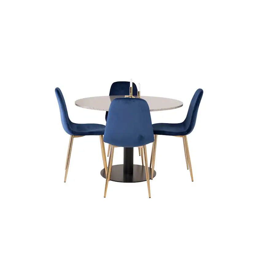 RazziaBord106cm-GråTerazo/Black+PolarStol-Mässing/BlåSammet4 Grått Bord med Svarta Ben, Blå Stol med Mässingsben