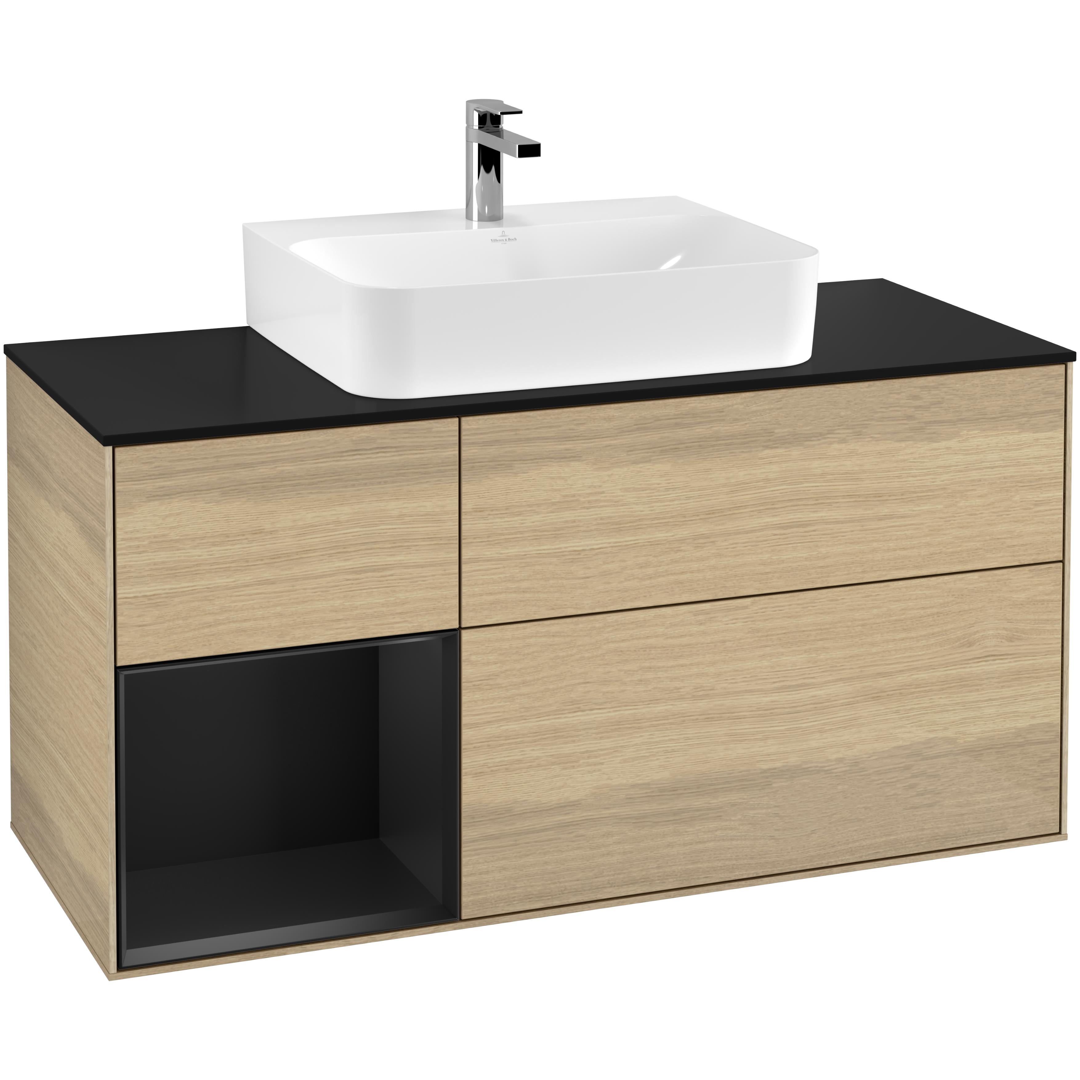 Tvättställsskåp Villeroy & Boch Finion G162PDPC Ekfanér/Svart Mattlack med bänkskiva i Mattsvart glas med Väggbelysning, Lucka Vänster