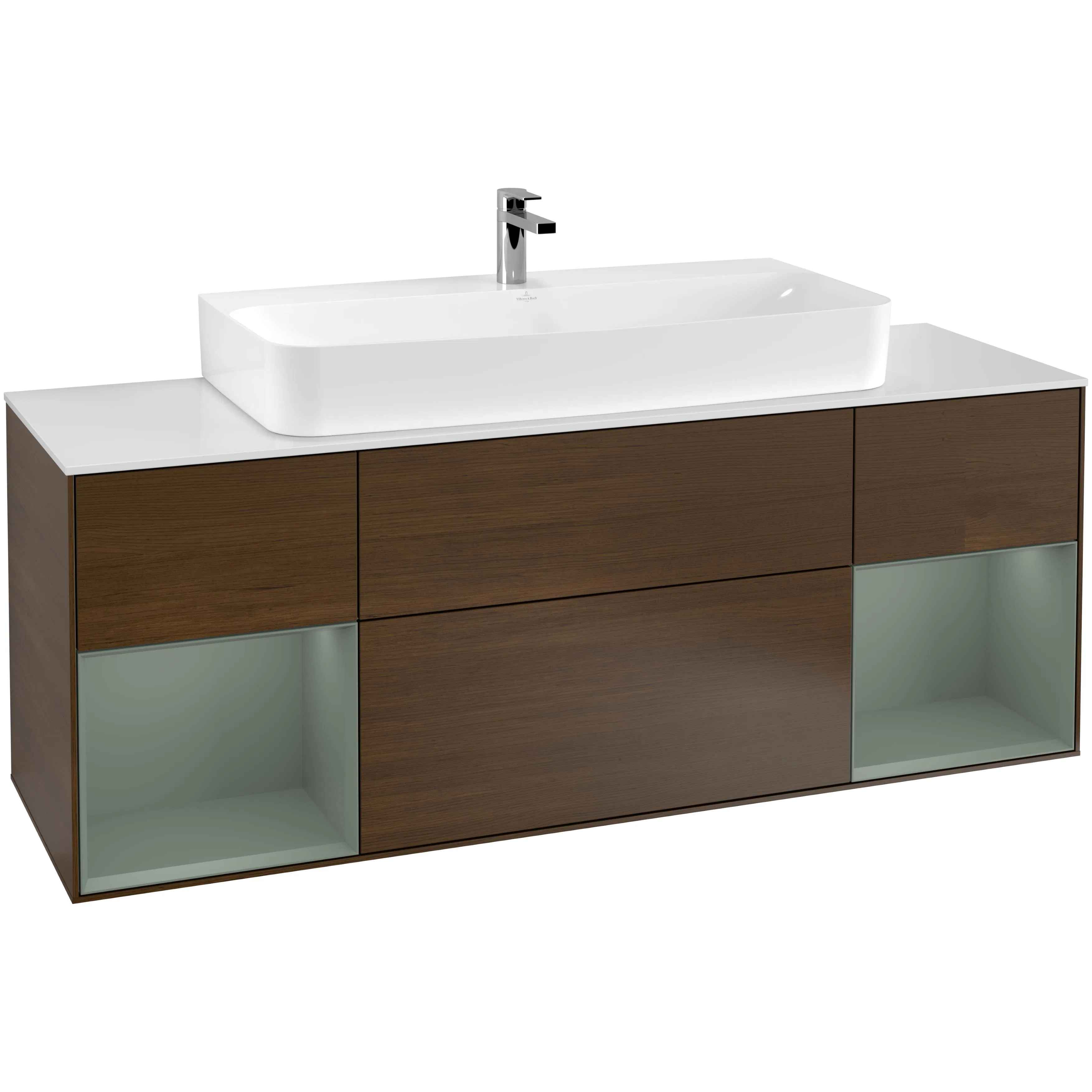 Tvättställsskåp Villeroy & Boch Finion F211GMGN Valnötsfanér/Oliv Mattlack med bänkskiva i Mattvitt glas