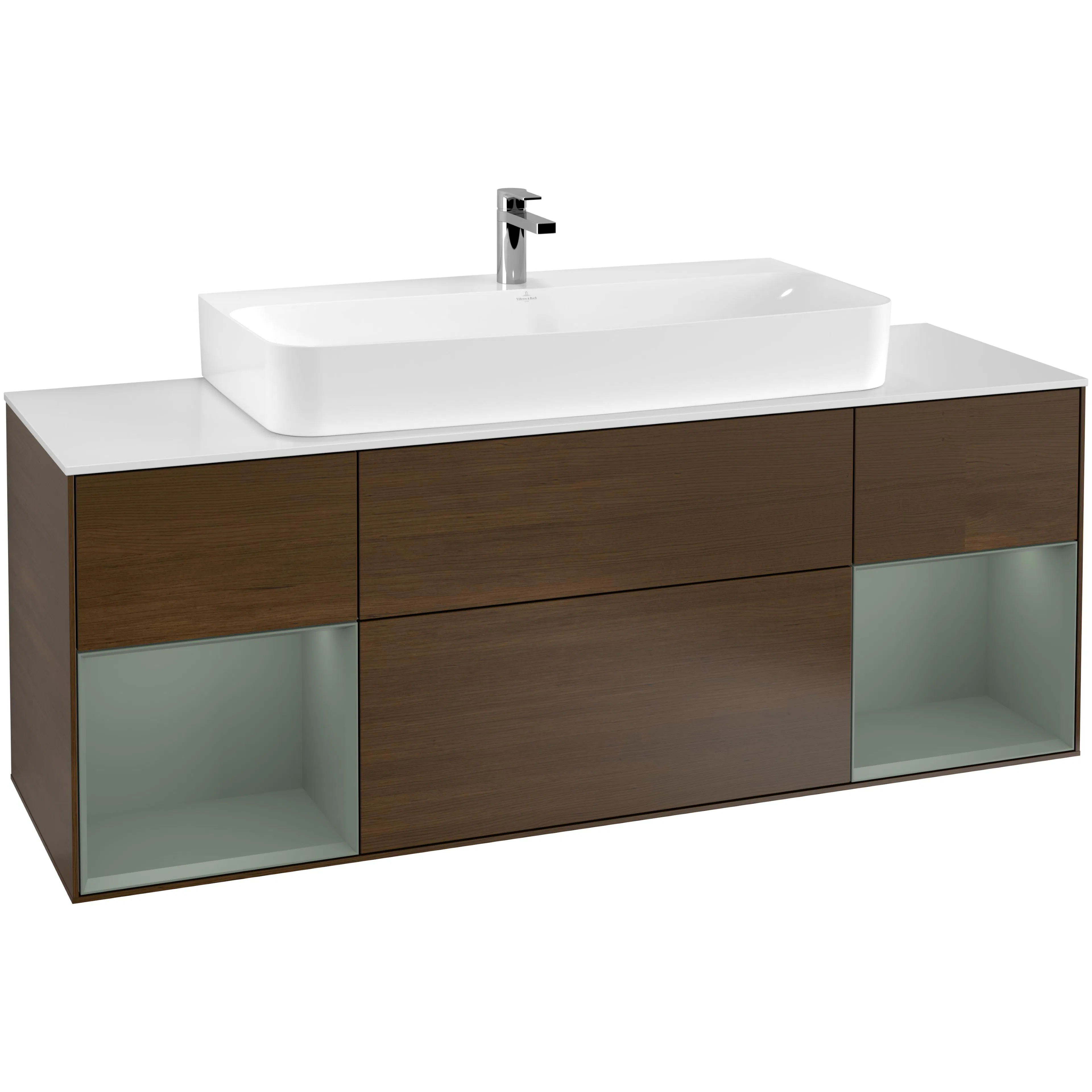 Tvättställsskåp Villeroy & Boch Finion F211GMGN Valnötsfanér/Oliv Mattlack med bänkskiva i Mattvitt glas