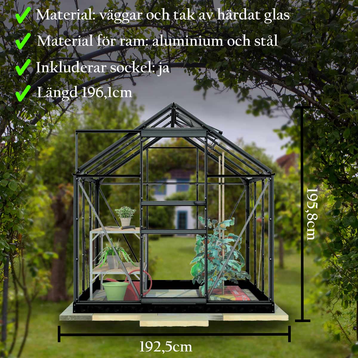 Lykke Växthus Glas 6,2m2, svart BxH: 320,3x192,5 cm