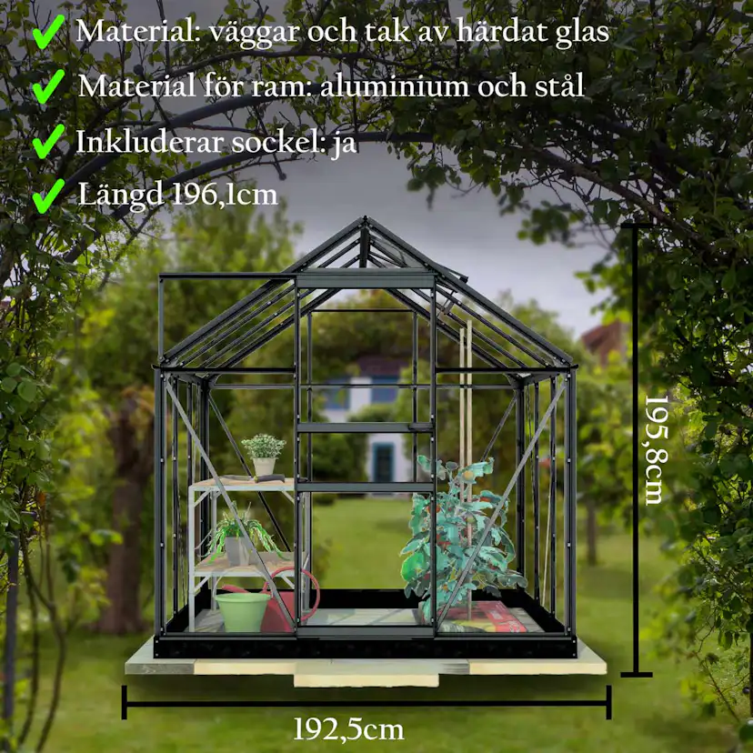 Lykke Växthus Glas 6,2m2, svart BxH: 320,3x192,5 cm