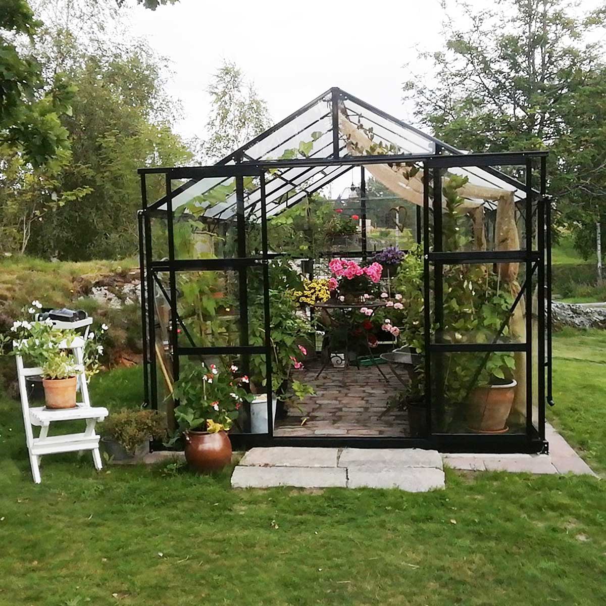 Växthus 11,13m2, glas, pc-tak(433X257X228CM),Svart Svart