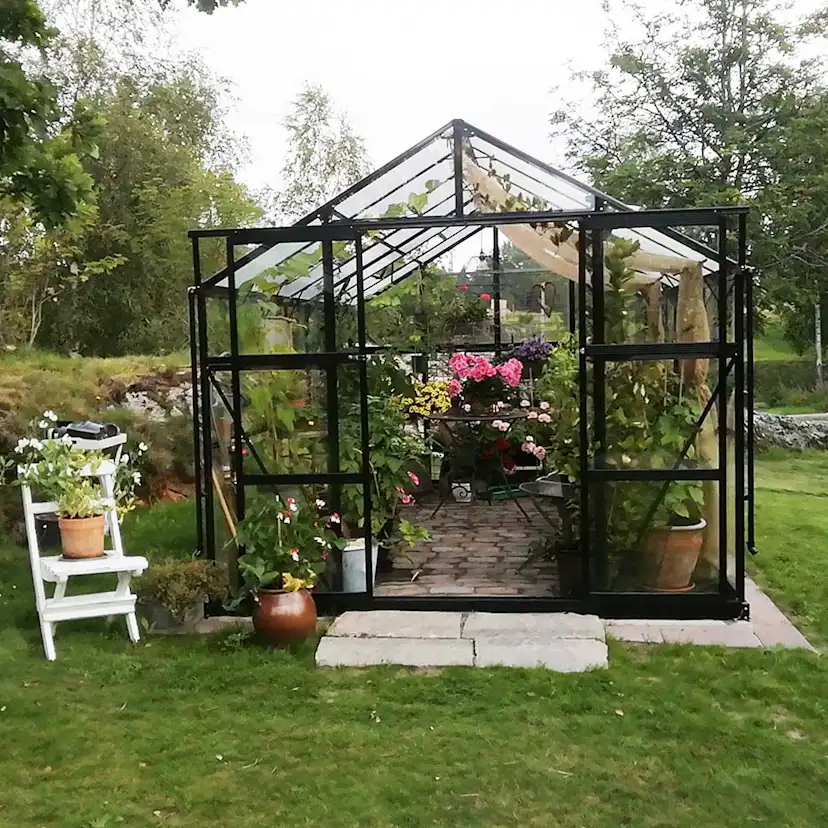 Växthus 11,13m2, glas, pc-tak(433X257X228CM),Svart Svart