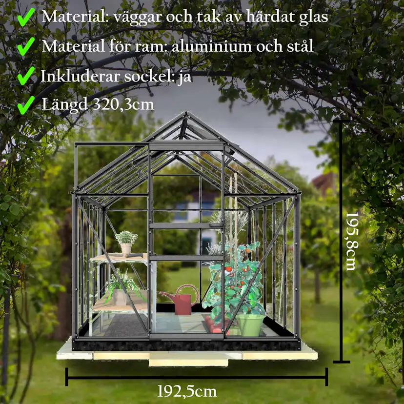 Lykke Växthus Glas 6,2m2, svart BxH: 320,3x192,5 cm