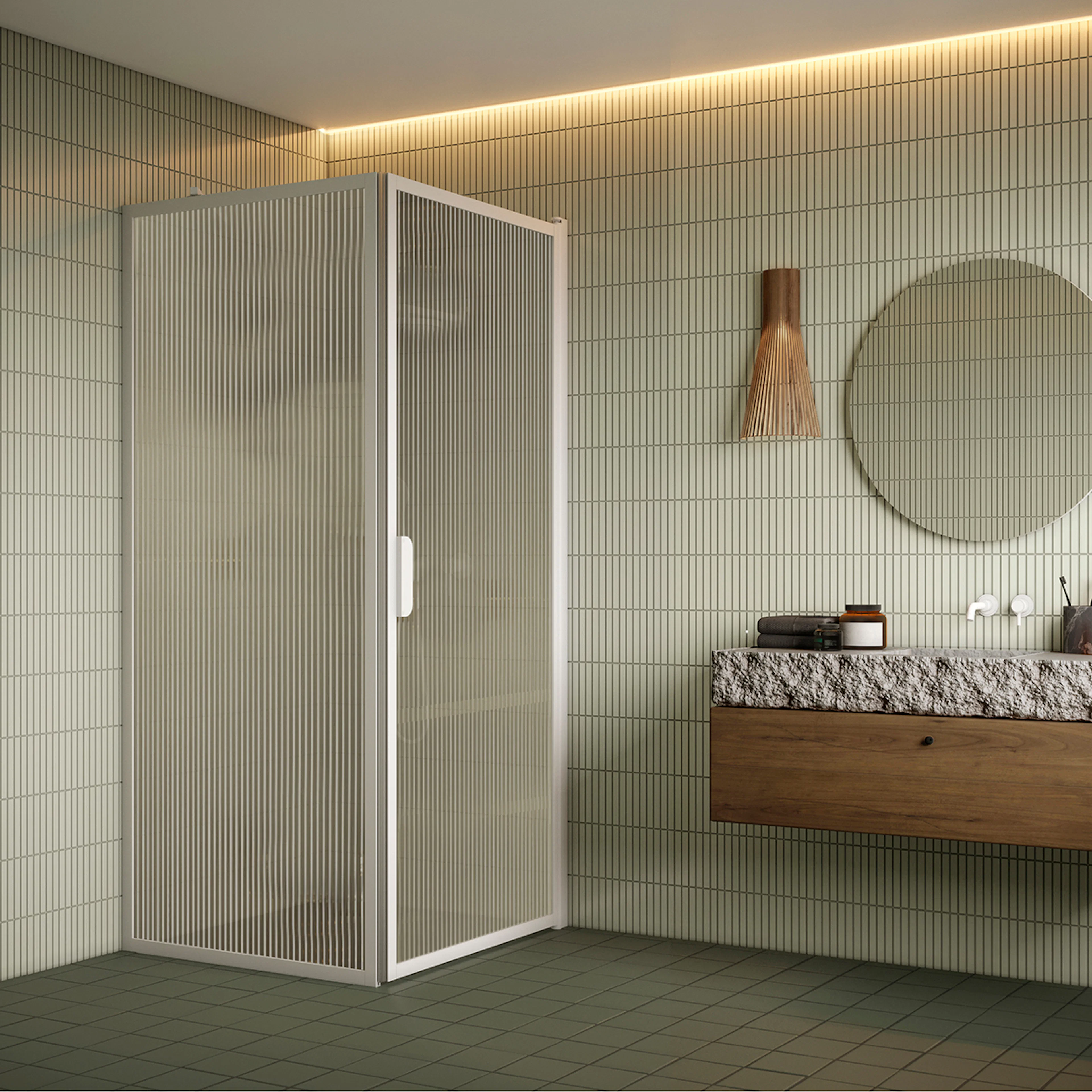 Bläk 755 NY duschhörn vit/reed 719x717 719 Fast Vägg (L1) x 717 Vändbar Dörr (L2) mm, Reeded, Vita Profiler