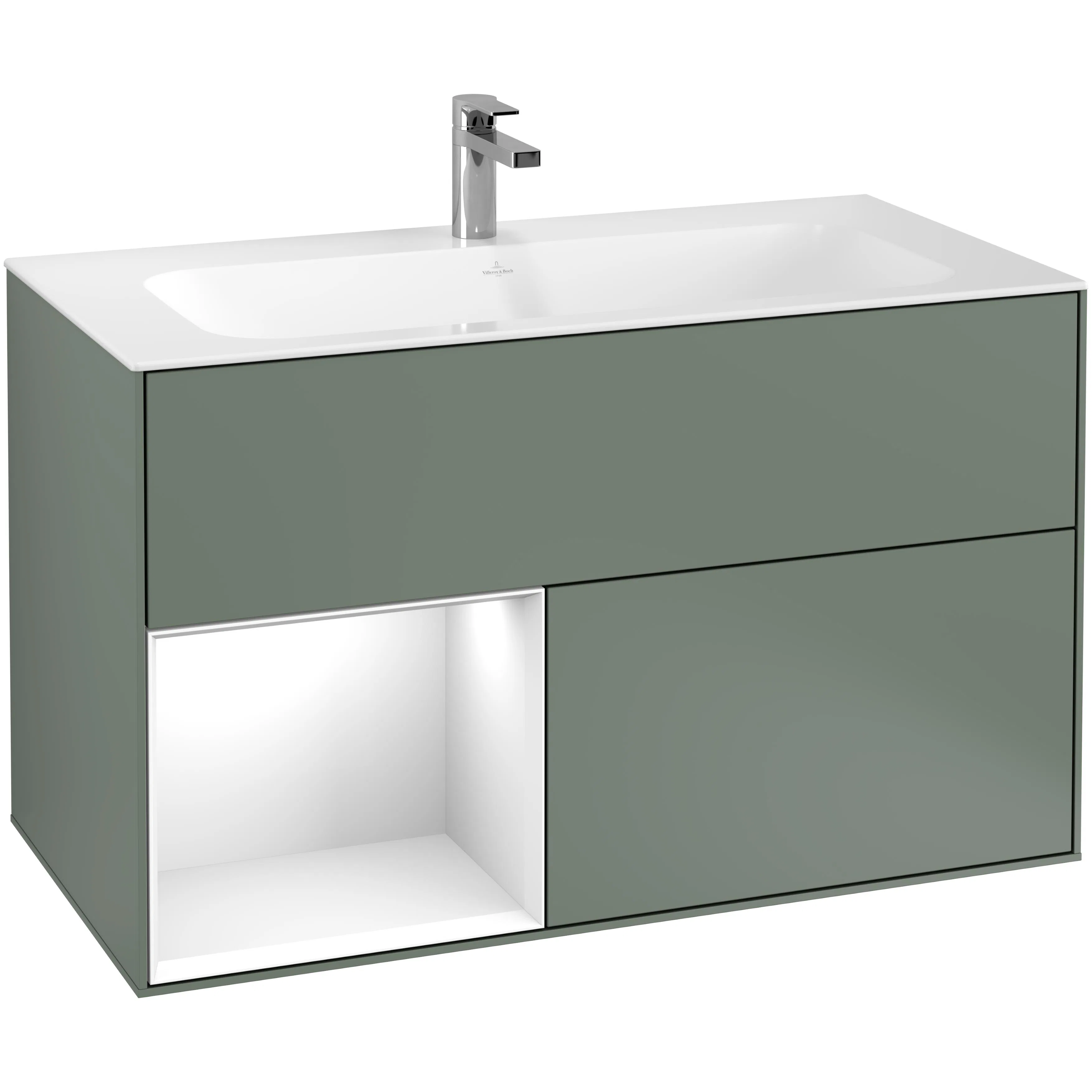 Tvättställsskåp Villeroy & Boch Finion F030GFGM Oliv Mattlack/Vit Högblank, Lucka Vänster