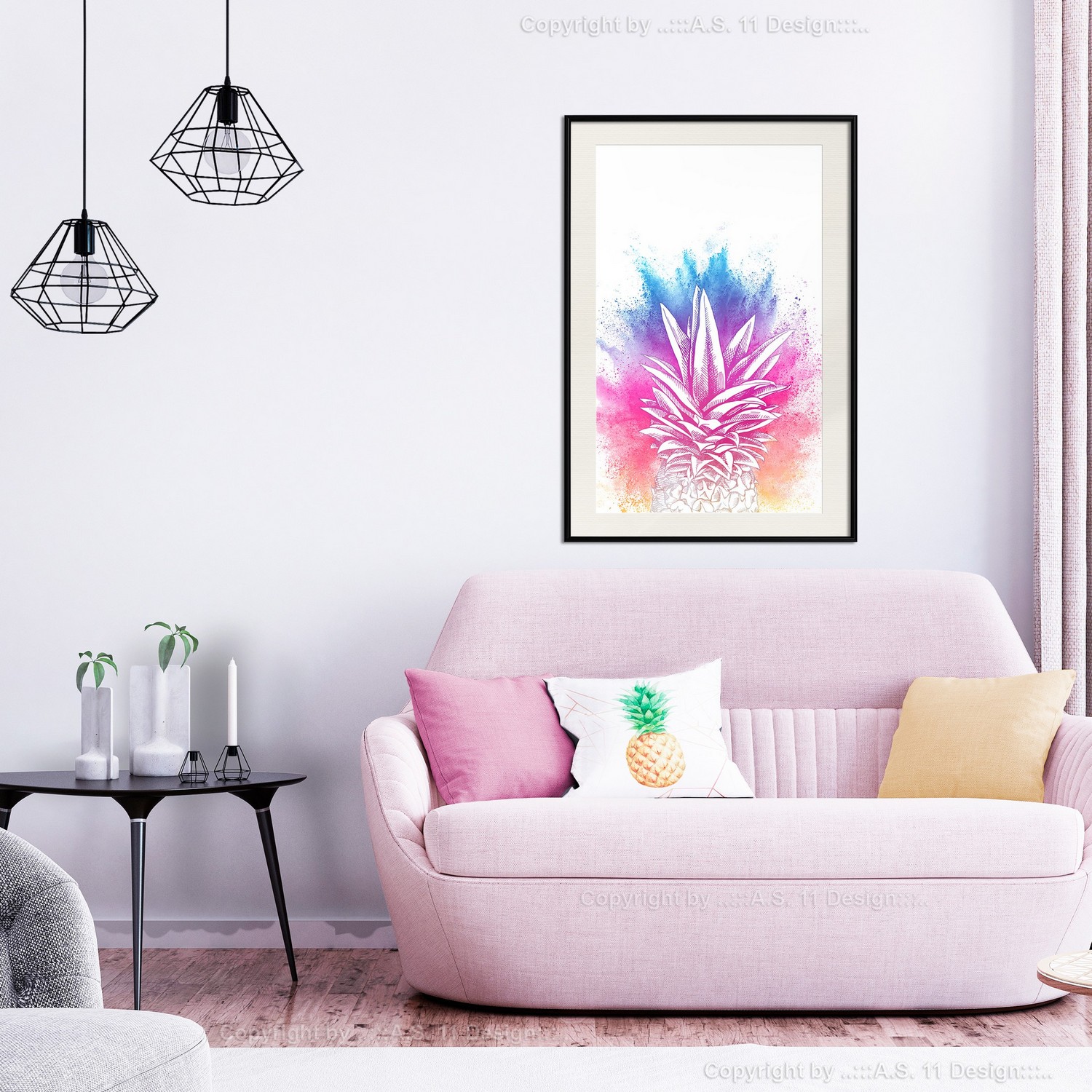 Affisch - Colourful Pineapple [Poster] 40x60 Svart ram med passepartout, 40x60 cm