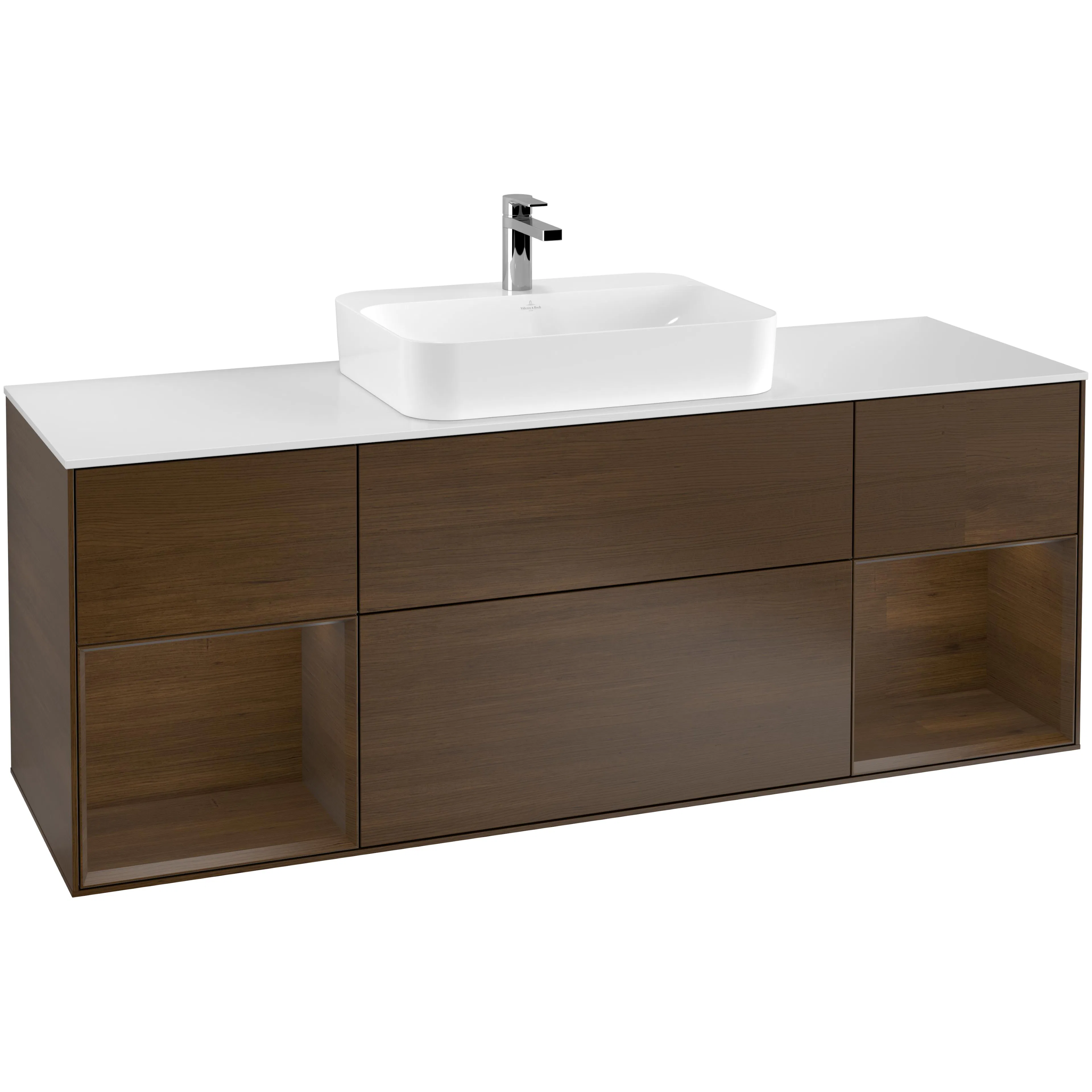 Tvättställsskåp Villeroy & Boch Finion G451GNGN Valnötsfanér/Valnötsfanér med bänkskiva i Mattvitt glas med Väggbelysning