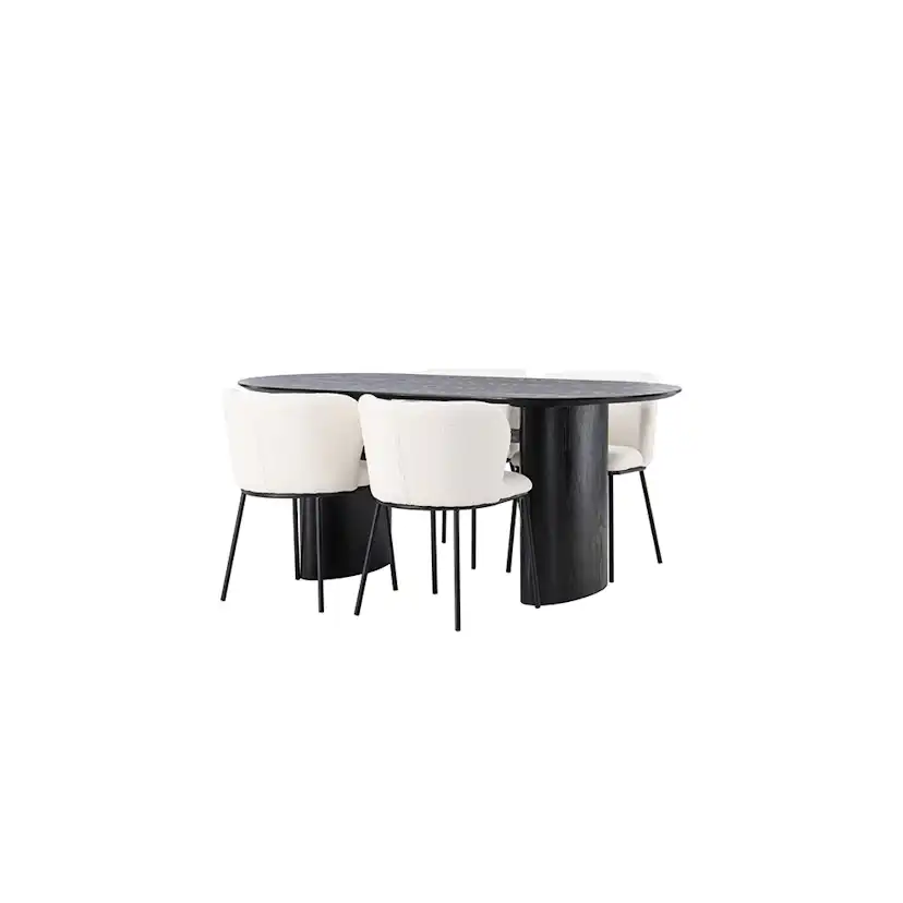 Matgrupp Venture Home Isolde Ovalt Matbord 180 cm & 4 Edina Stolar i Vit Boucle