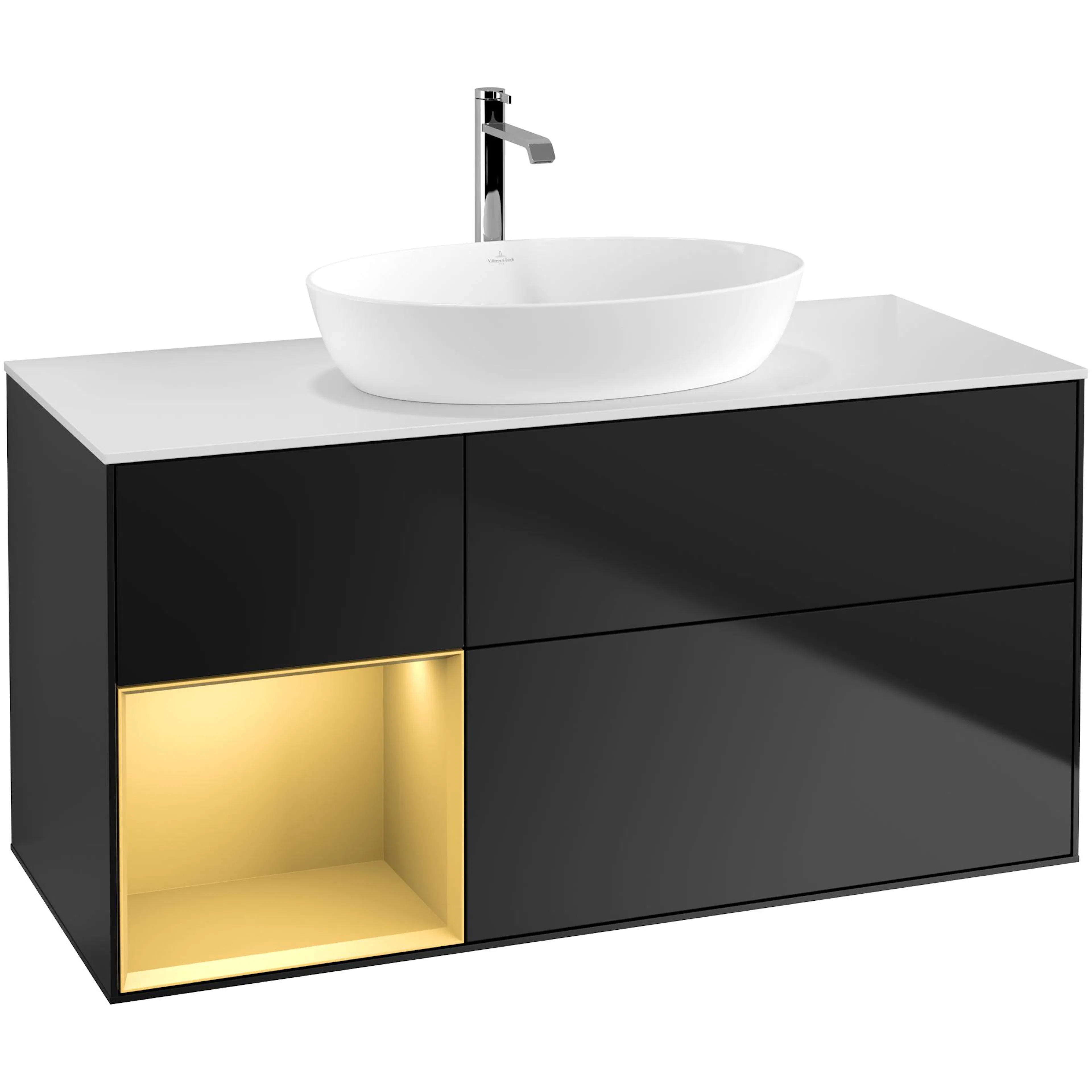 Tvättställsskåp Villeroy & Boch Finion GA61HFPD Svart Mattlack/Guld Mattlack med bänkskiva i Mattvitt glas med Väggbelysning, Lucka Vänster Utan Blandarhål