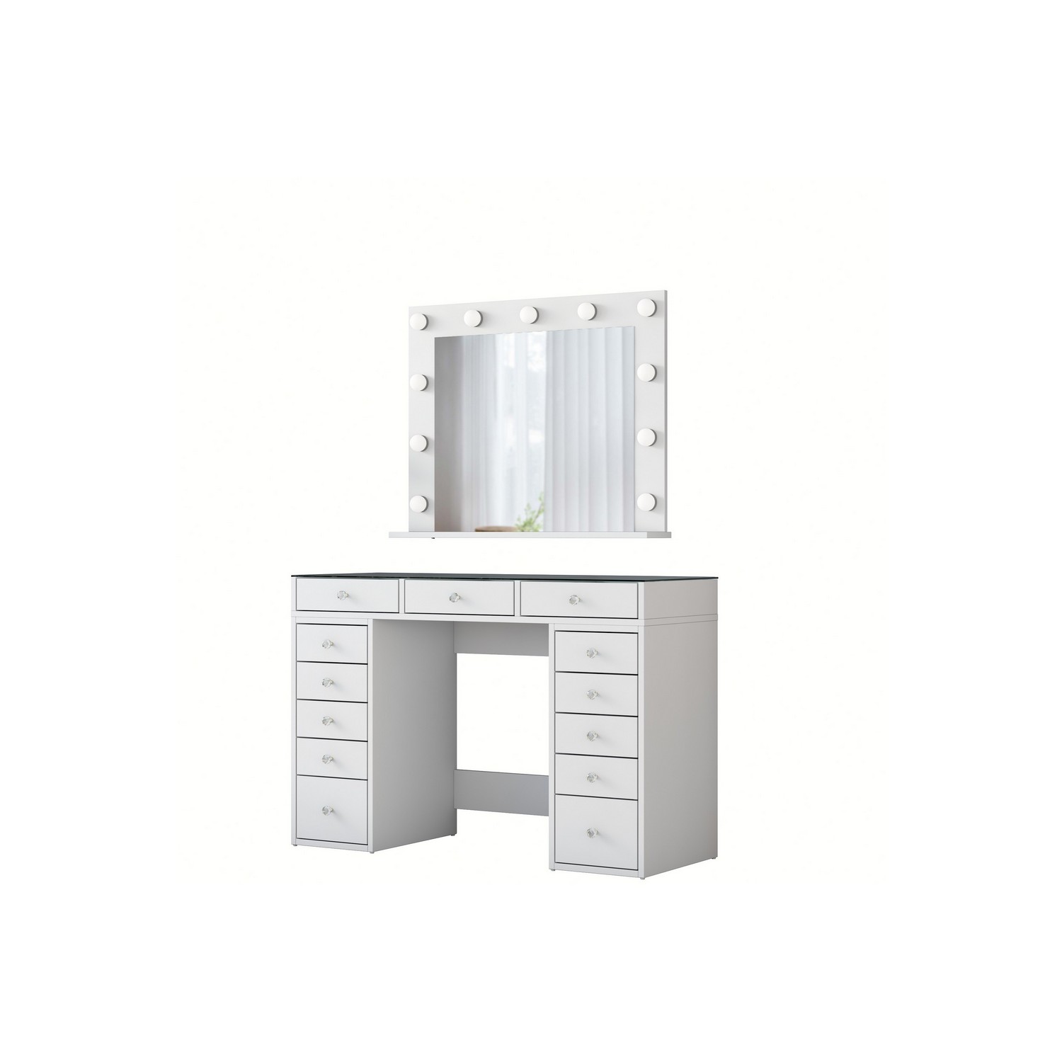 Sminkbord Scandinavian Choice Ramender Komplett med Sminkspegel, förvaring & Bordsskiva i Glas 120cm