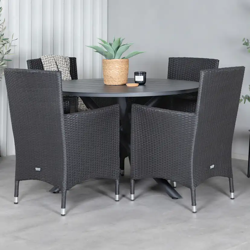 Alma Dining Table - Black Alu - ø120cm+Malin Armchair - Blac Svart