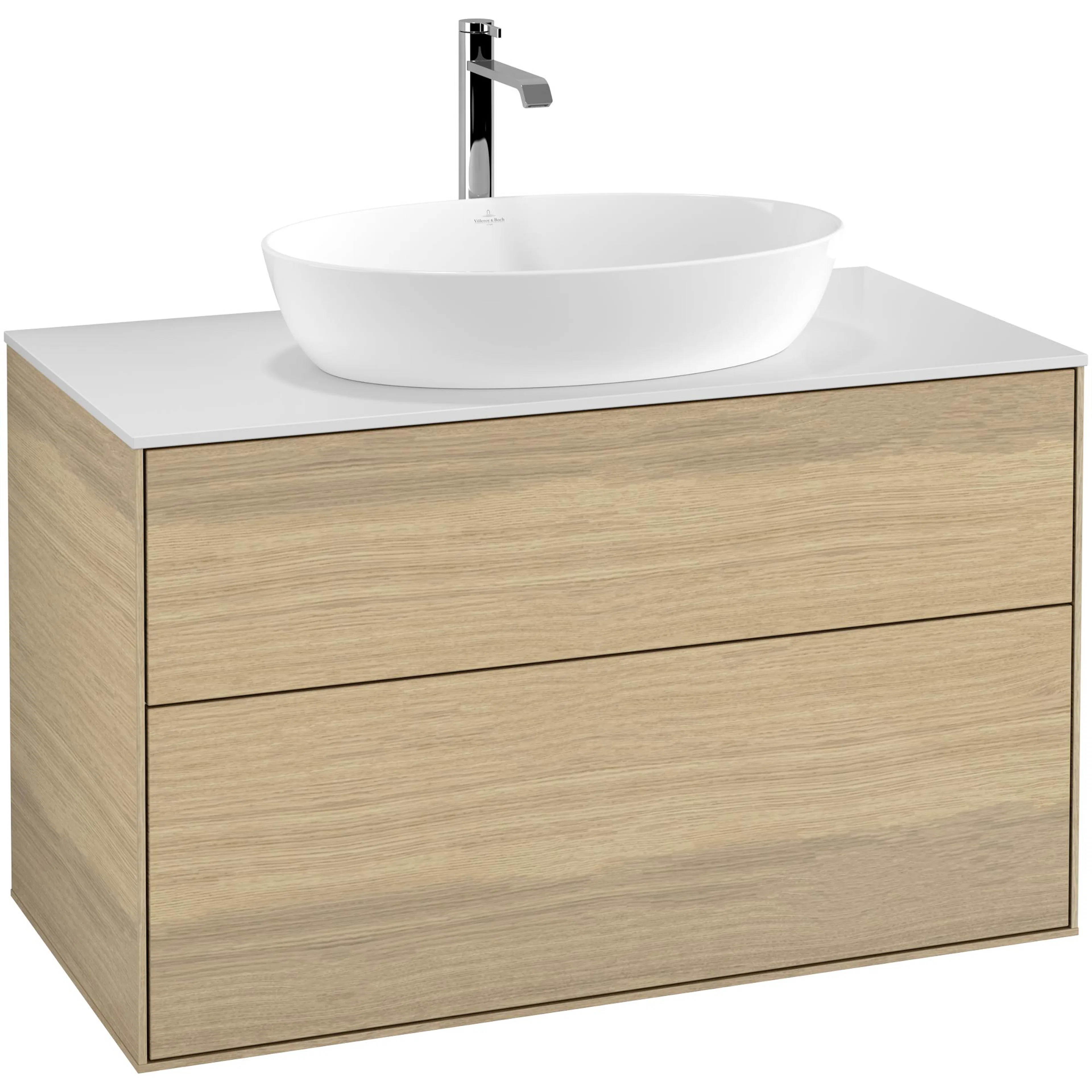 Tvättställsskåp Villeroy & Boch Finion GA0100PC Ekfanér B: 1000 mm med bänkskiva i Mattvitt glas med Väggbelysning Utan Blandarhål