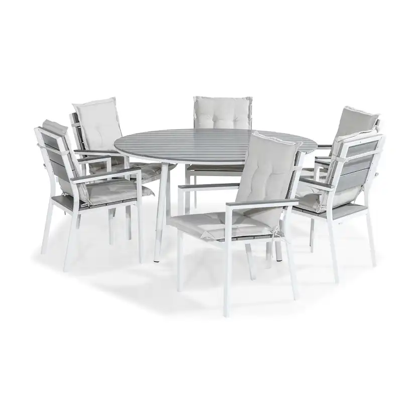 Trädgårdsgrupp Comfort Garden Tunis Matgrupp Utomhus 140 Rund + 6 Tunis Stapelstol m Dyna