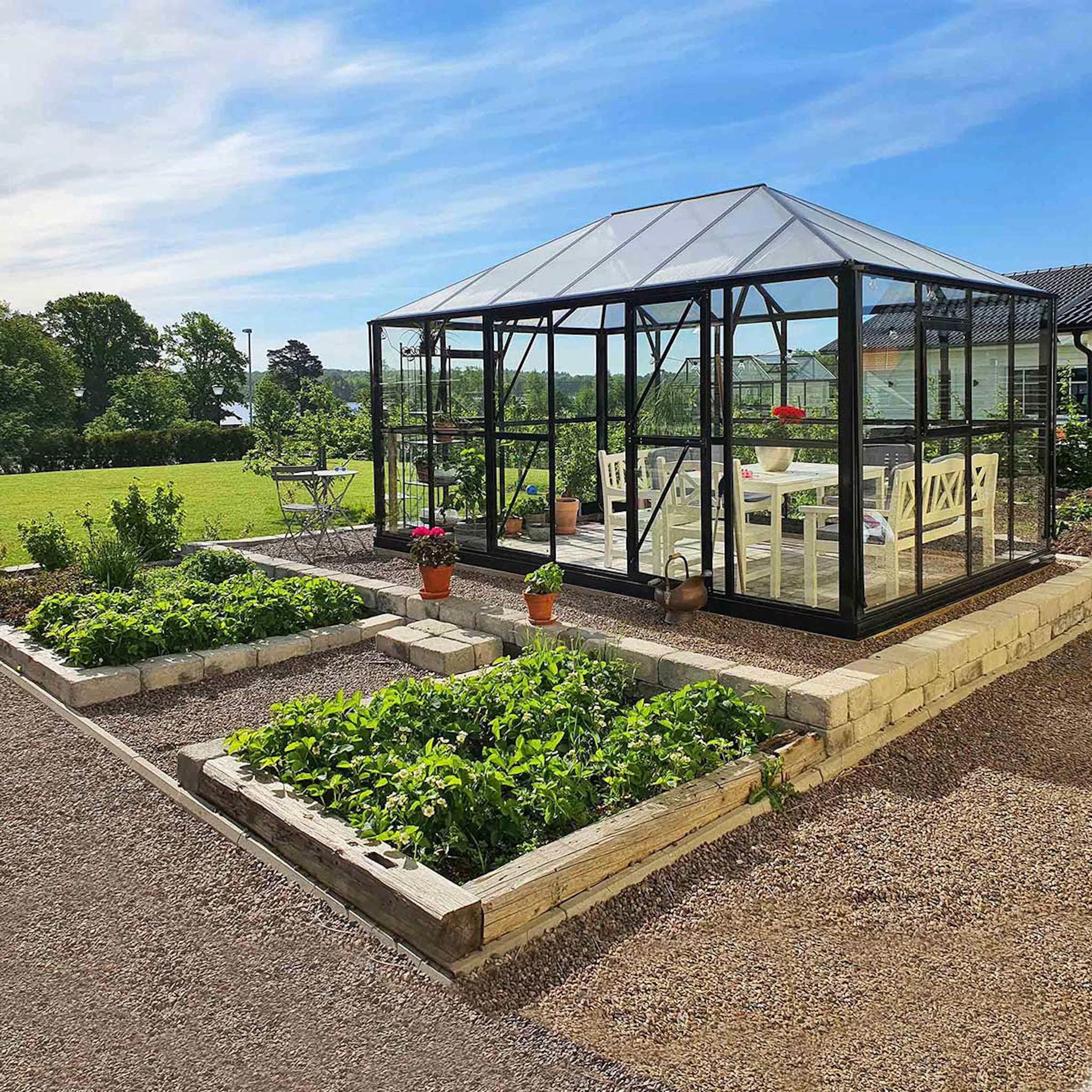 Gazebo 12,9m2, glas, pc-tak, med sockel, Svart Svart
