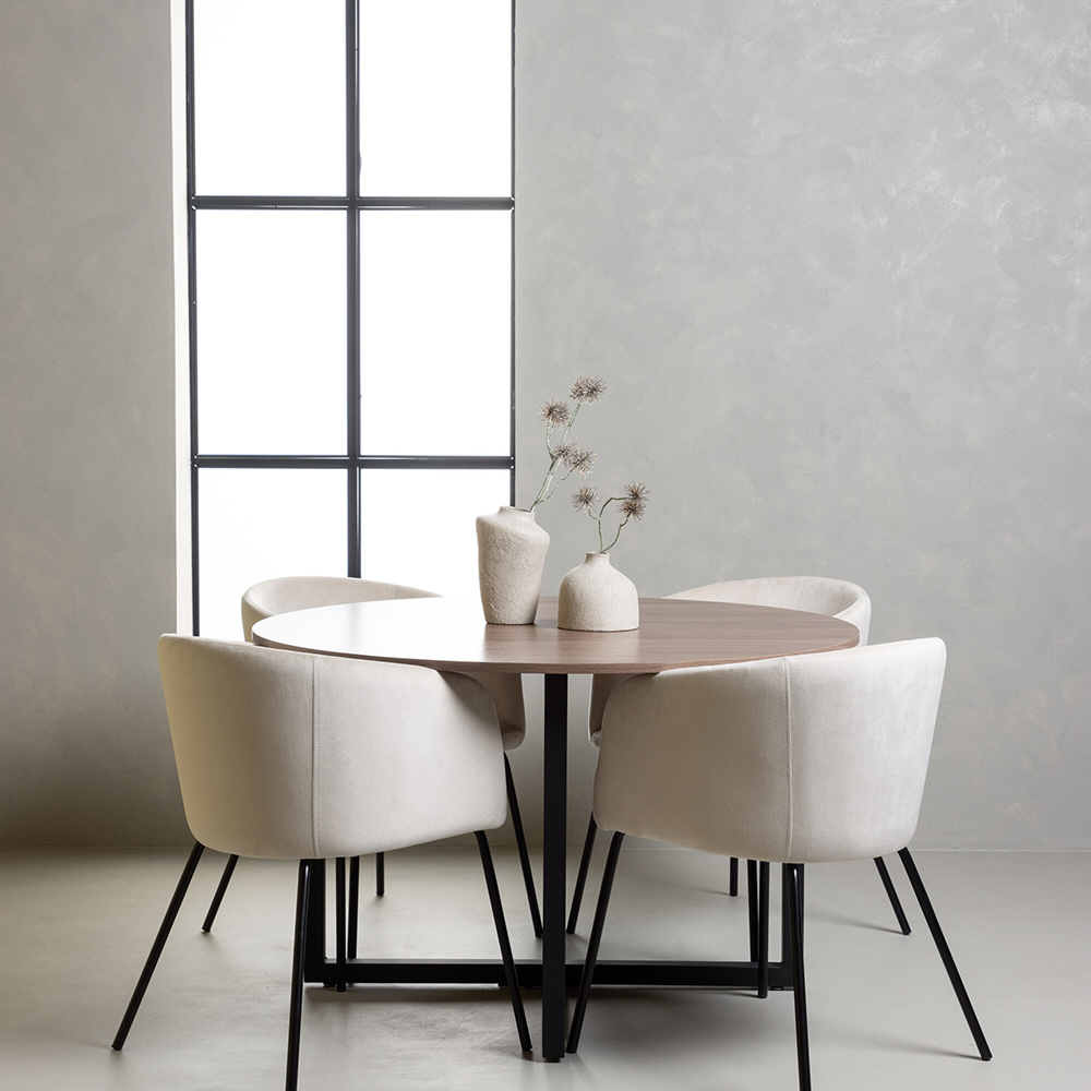 Matgrupp Venture Home Durango Runt Matbord Ø120 cm & 4 Berit Stolar i Beige Sammet