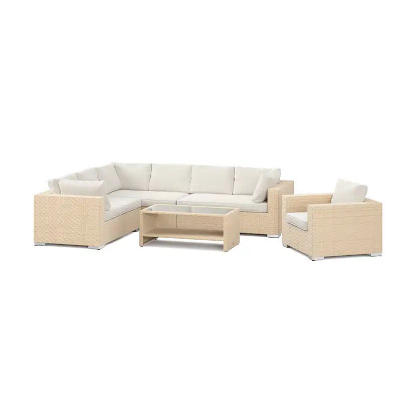 Loungegrupp Comfort Garden Bahamas utomhus L-soffa höger 7-sits med fåtölj och bord med hylla