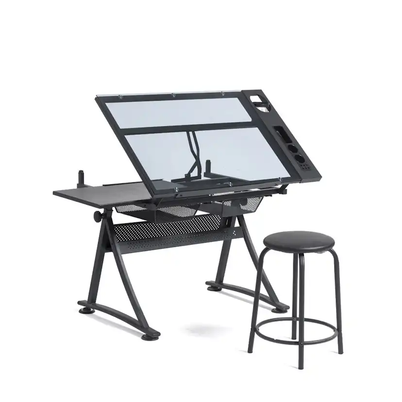 Ritbord Lykke Justerbart Arbetsbord med Glasskiva, Lådor & Pall