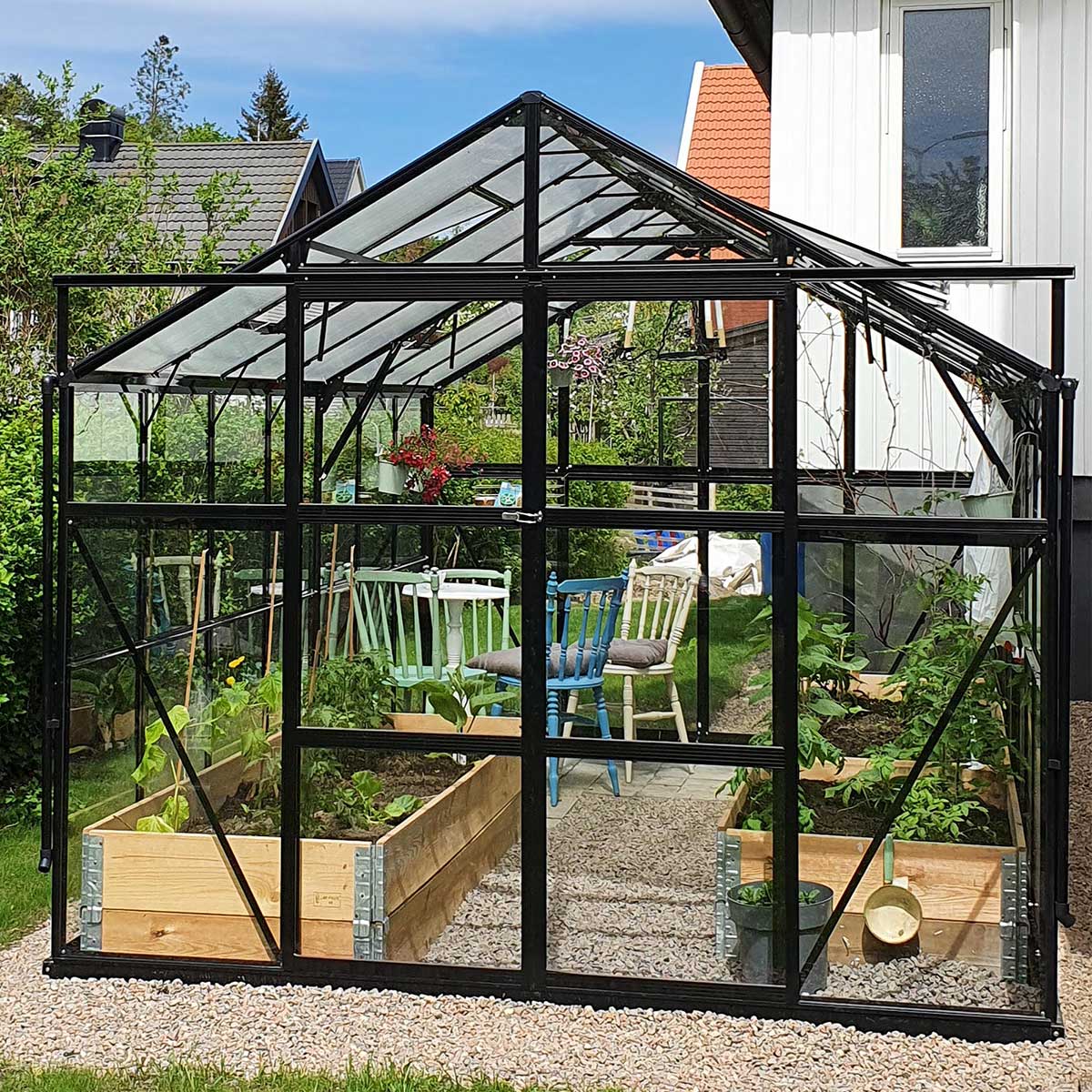 Växthus 11,13m2, glas, pc-tak(433X257X228CM),Svart Svart