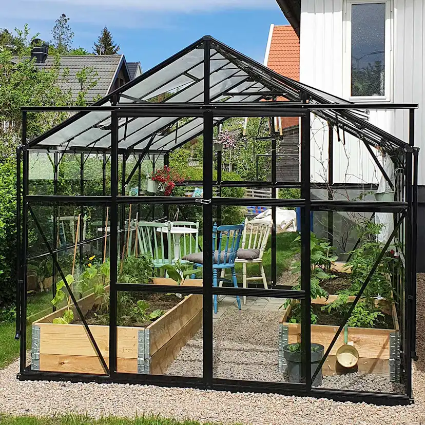 Växthus 11,13m2, glas, pc-tak(433X257X228CM),Svart Svart