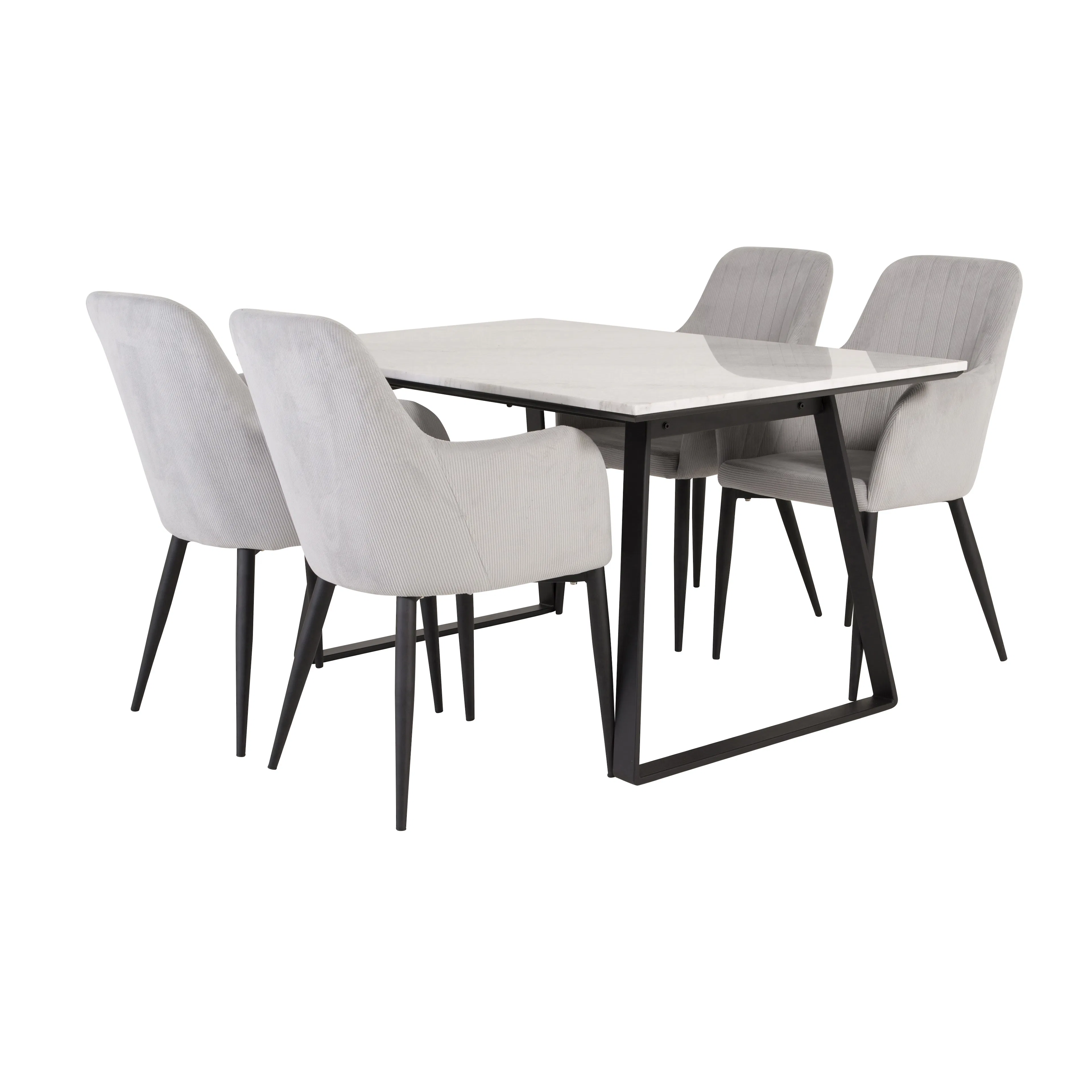 EstelleBord140*90-VitMarble/Black+ComfortStol-Black/Grå4 Vit Bord med Svarta Ben, Ljusgrå Stol med Svarta Ben