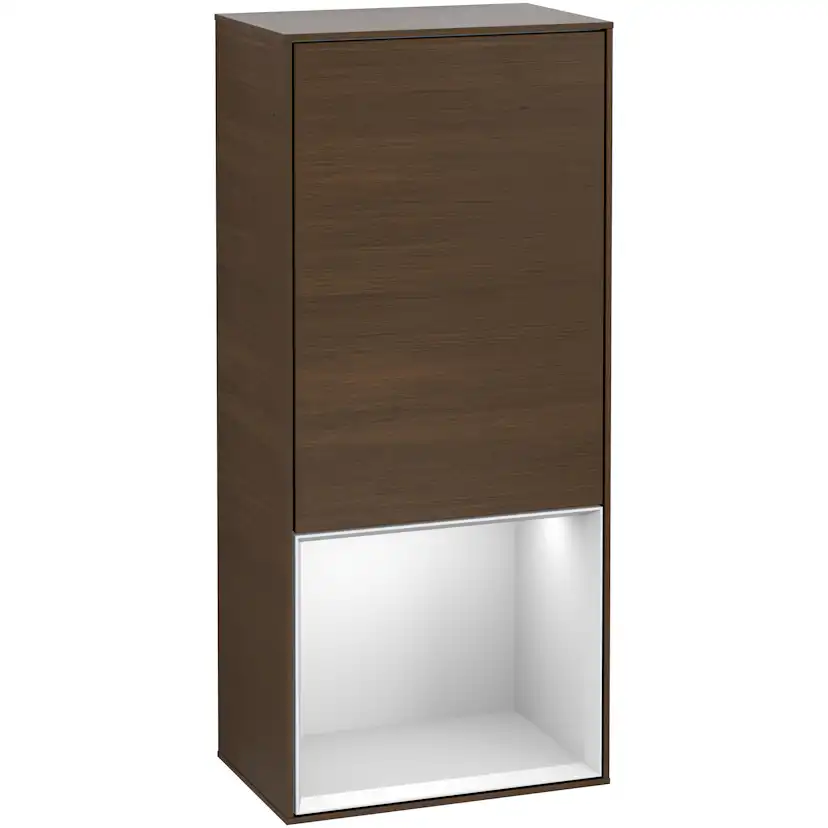 Sidoskåp Villeroy & Boch Finion G550MTGN Valnötsfanér, Vit Mattlack, Gångjärn Höger, Med Väggbelysning