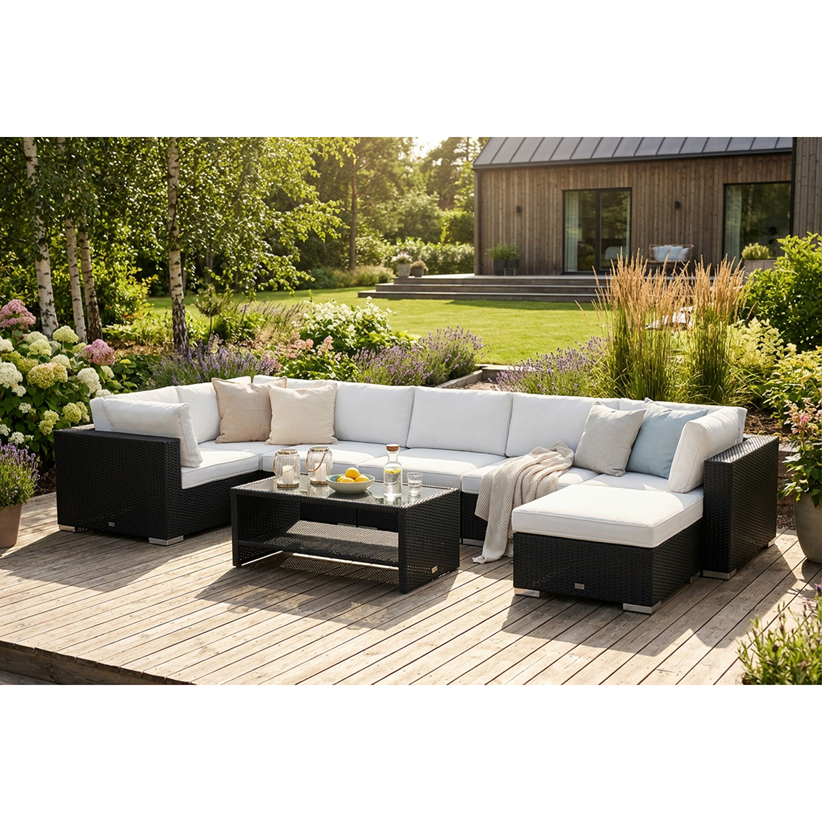 Loungegrupp Comfort Garden Bahamas U-formad utomhus loungegrupp 7-sits med vändbar divan och bord med hylla