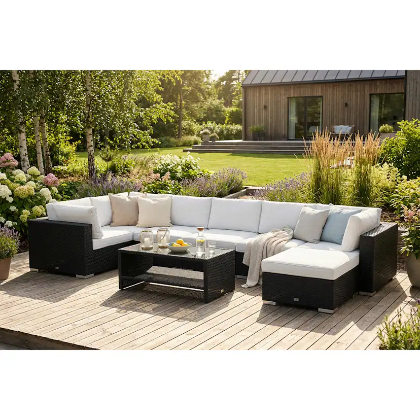 Loungegrupp Comfort Garden Bahamas U-formad utomhus loungegrupp 7-sits med vändbar divan och bord med hylla