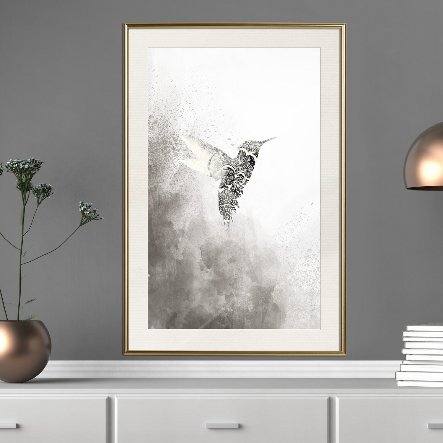Affisch - Ethnic Hummingbird [Poster] 20x30 Guld ram med passepartout, 20x30 cm