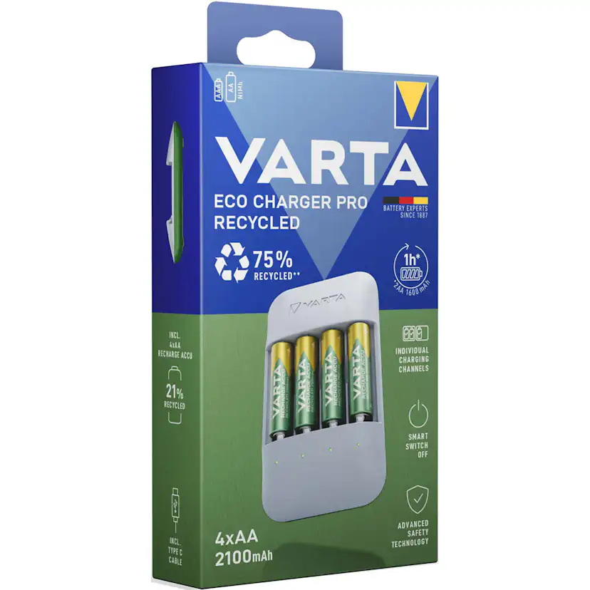 Batterikit Varta Eco Charger Pro Recycled Inkl. 4x AA 2100 mAh