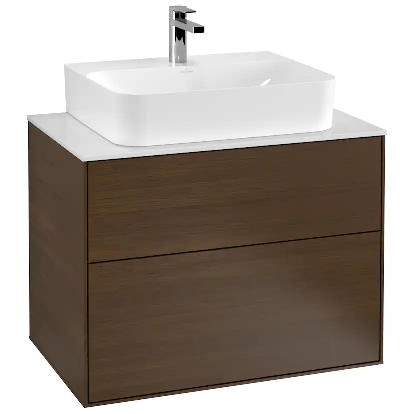 Tvättställsskåp Villeroy & Boch Finion F09100GN Valnötsfanér, B: 800 mm med bänkskiva i Mattvitt glas