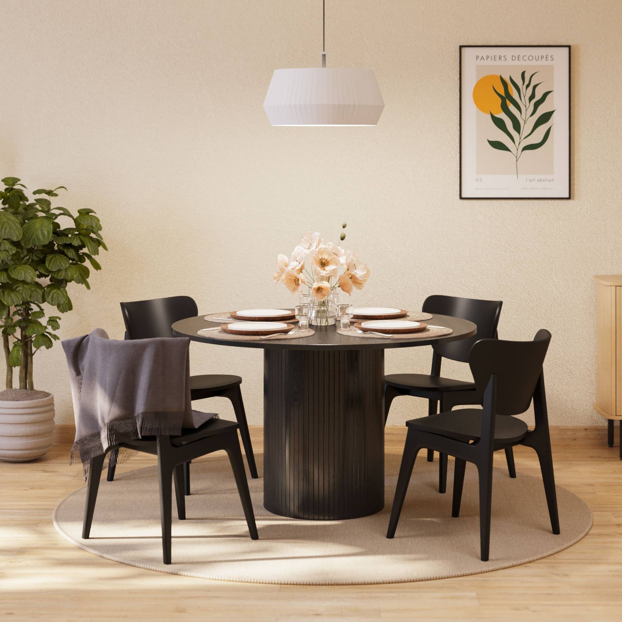 Matgrupp Bark Kopparbo Runt Matbord 130-180 cm Förlängningsbartt med 4Jerup Matstol