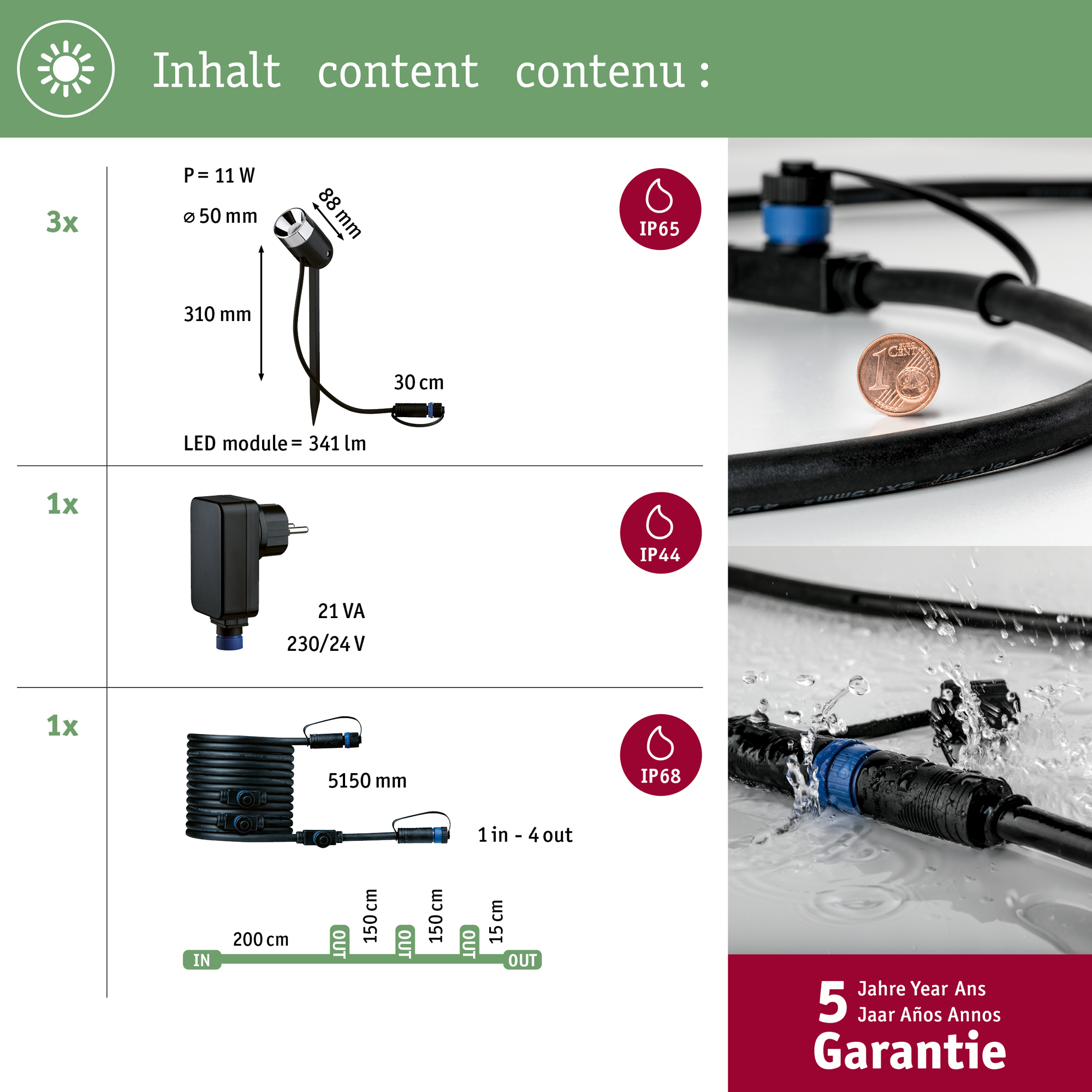 Spotlight Paulmann Pike Plug & Shine LED Pike IP65 24V 3-pack med Transformator och Kabel