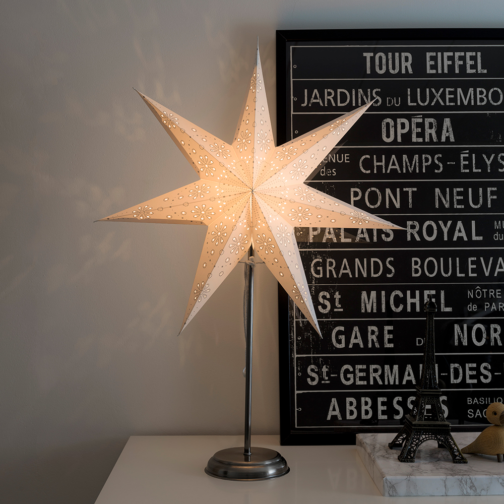Pappersstjärna silverfot vit/mönster 52x67cm 230V Vit