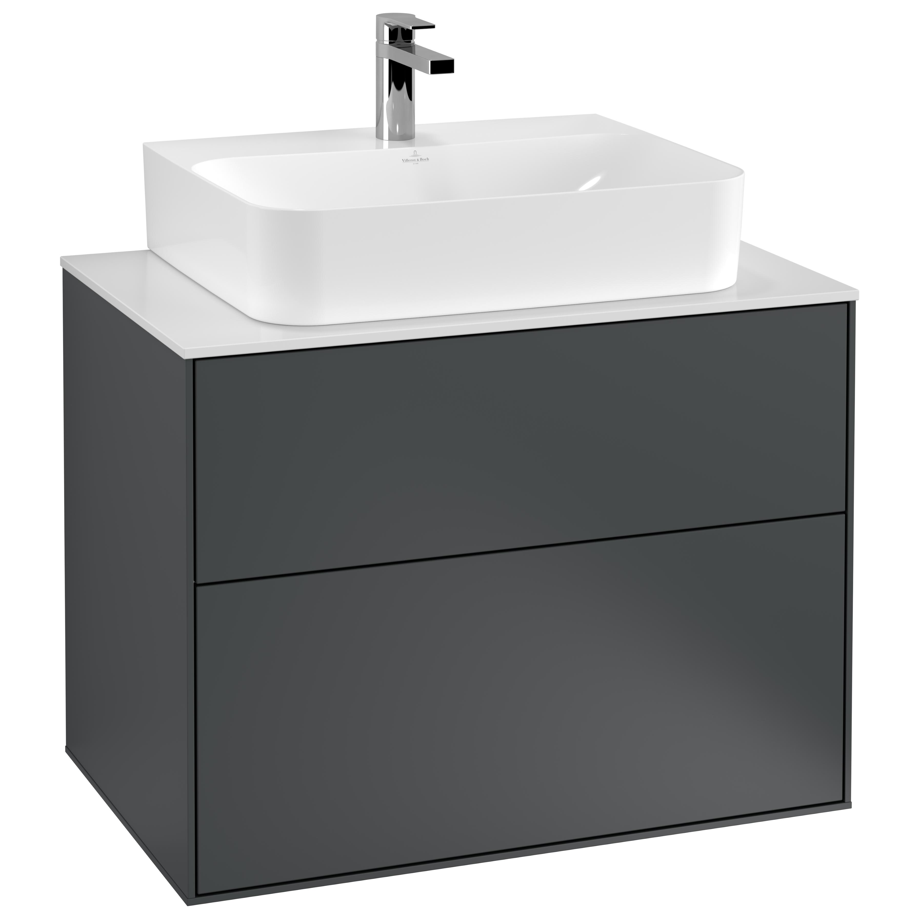 Tvättställsskåp Villeroy & Boch Finion F09100HG Midnattsblå Mattlack, B: 800 mm med bänkskiva i Mattvitt glas