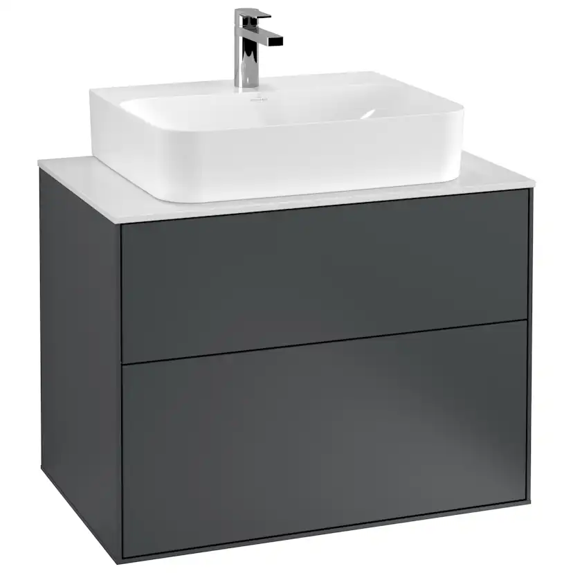 Tvättställsskåp Villeroy & Boch Finion F09100HG Midnattsblå Mattlack, B: 800 mm med bänkskiva i Mattvitt glas
