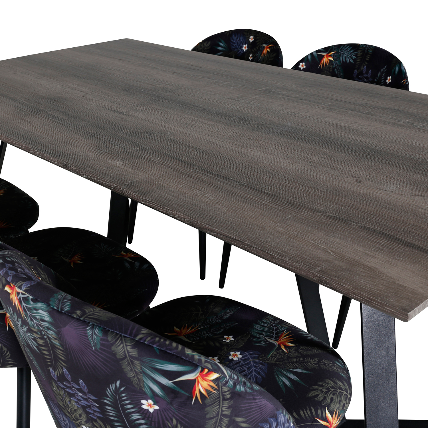 Marina Dining Table 180x90 cm+Velvet Dining Chair Grå/Svart/Blommönstrad