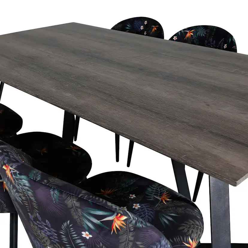Marina Dining Table 180x90 cm+Velvet Dining Chair Grå/Svart/Blommönstrad